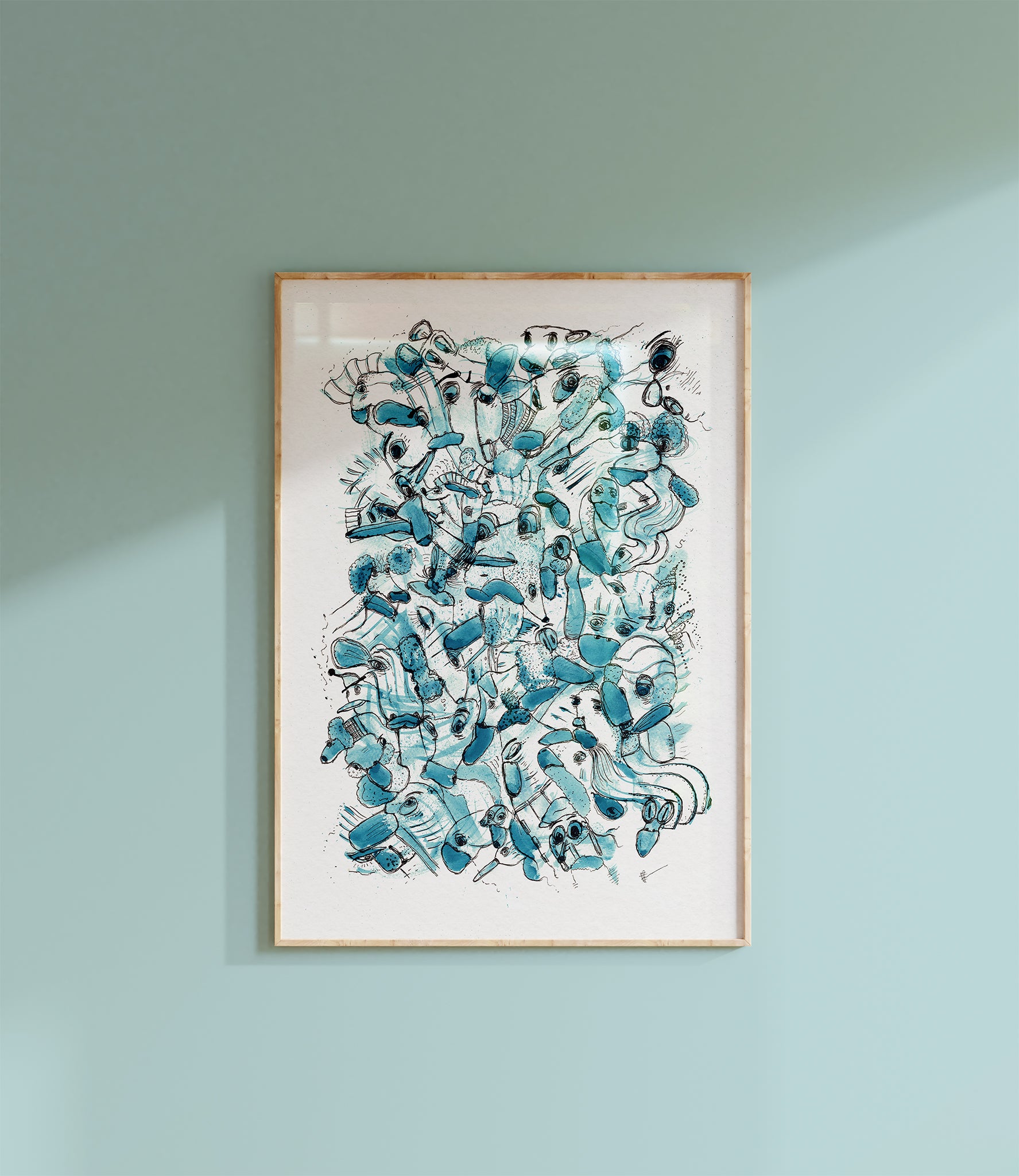 Secrets. fine art giclée prints. Mix of otherwordly creatures communicating or ignoring each other. White background, blue and turquoise tones with acrylic brush strokes. The illustration sitting in front of the page is made with black indian ink. Framed in a raw tasmanian oak shadow box frame.