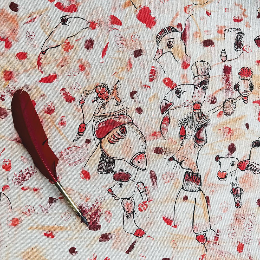 Sweet Dreams My Love | original on canvas - Studio Thicia Luiza Abstract expressionism artwork on raw cotton canvas. Colours are red tones, yellow and salmon/beige. Organic patterns and faces expressing different emotions.