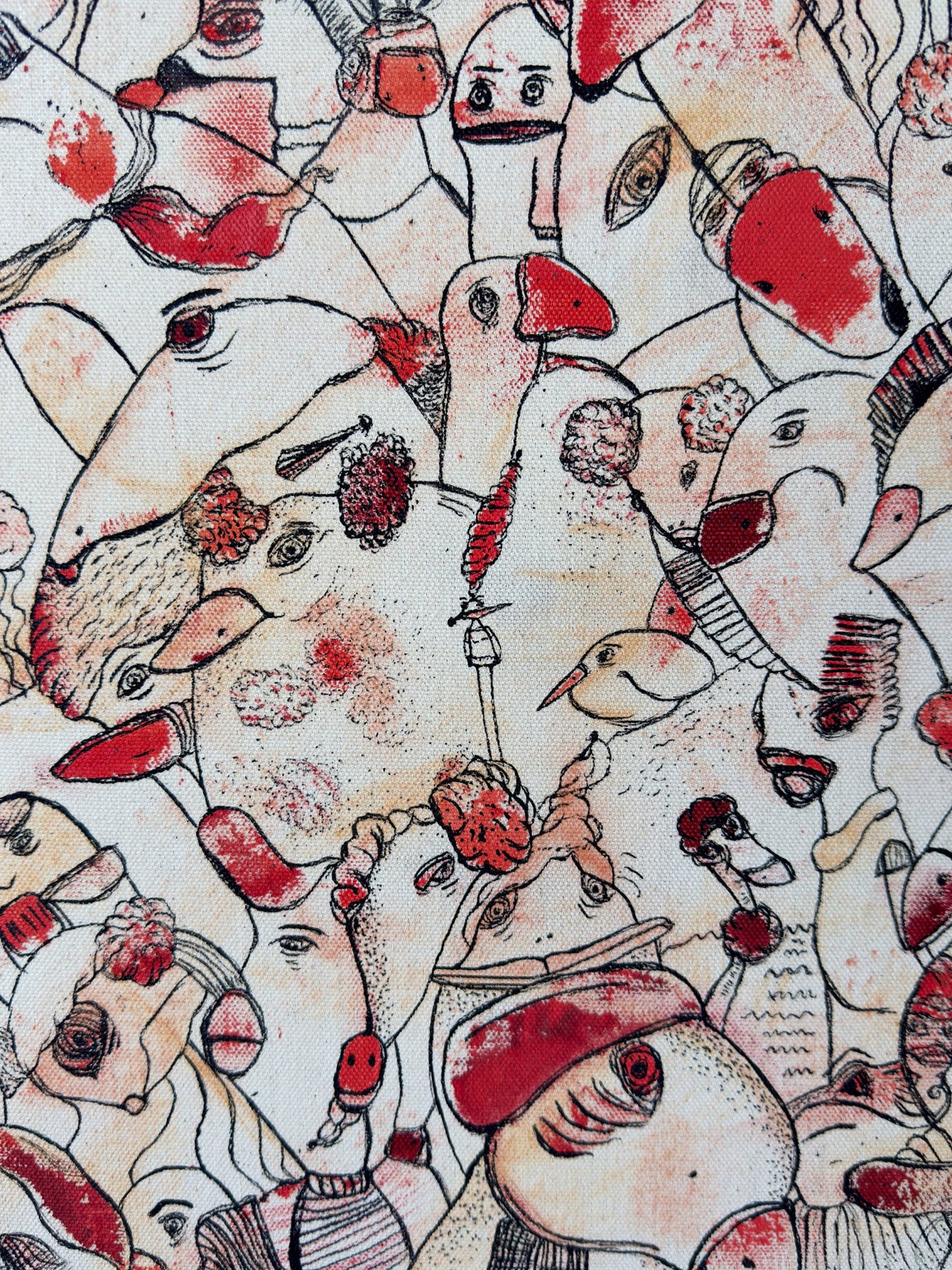 Sweet Dreams My Love | original on canvas - Studio Thicia Luiza Abstract expressionism artwork on raw cotton canvas. Colours are red tones, yellow and salmon/beige. Organic patterns and faces expressing different emotions.