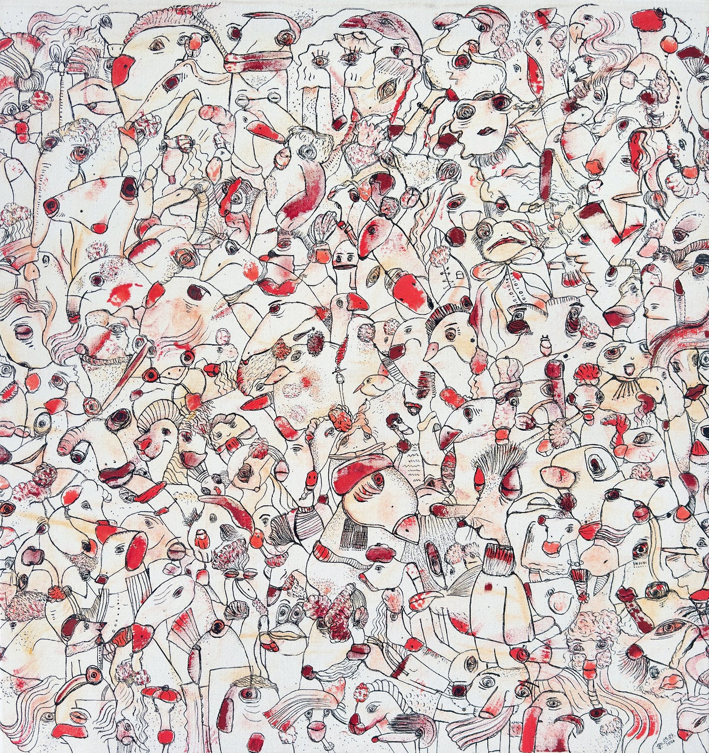 Sweet Dreams My Love | original on canvas - Studio Thicia Luiza Abstract expressionism artwork on raw cotton canvas. Colours are red tones, yellow and salmon/beige. Organic patterns and faces expressing different emotions.