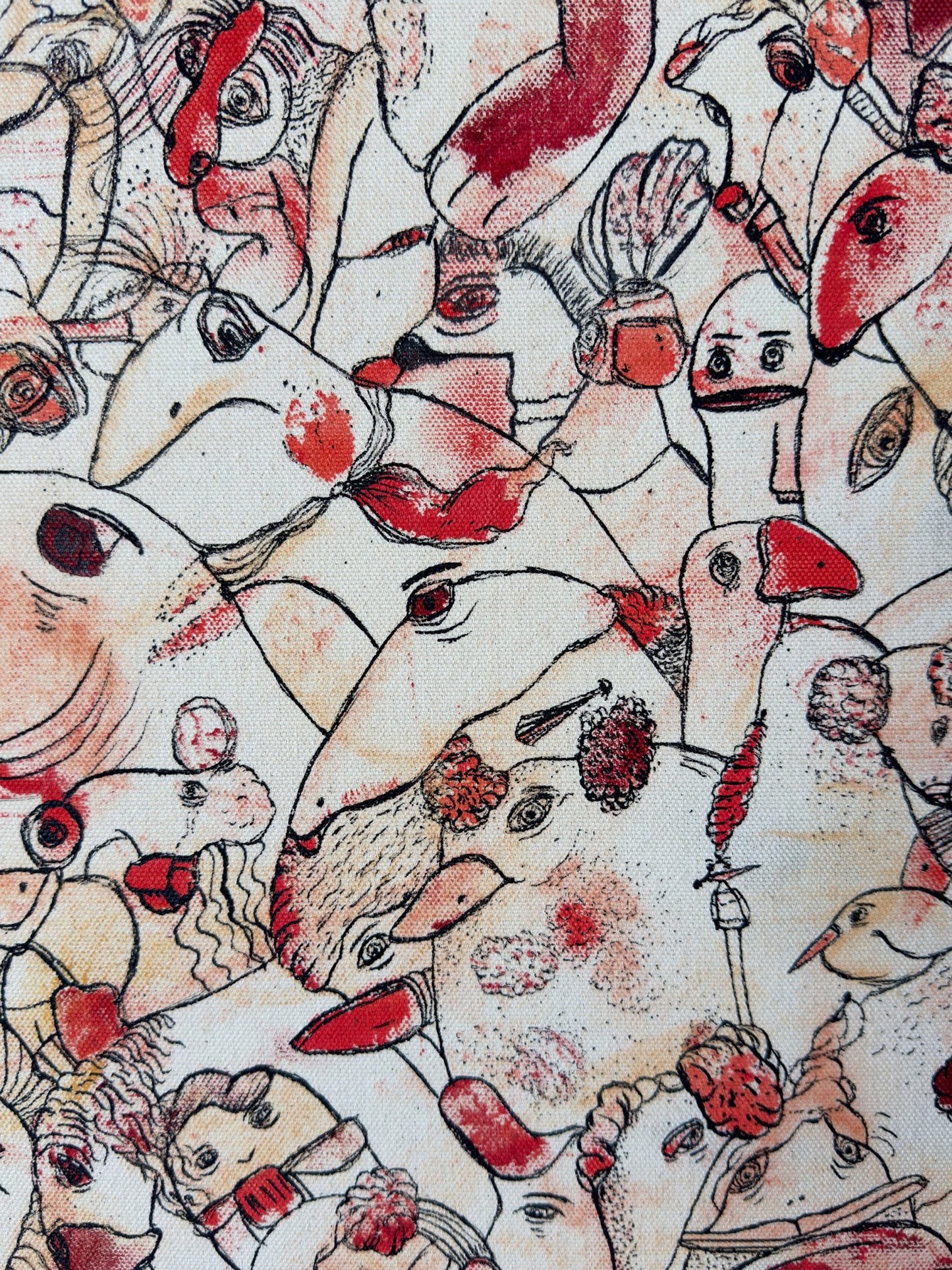 Sweet Dreams My Love | original on canvas - Studio Thicia Luiza Abstract expressionism artwork on raw cotton canvas. Colours are red tones, yellow and salmon/beige. Organic patterns and faces expressing different emotions.