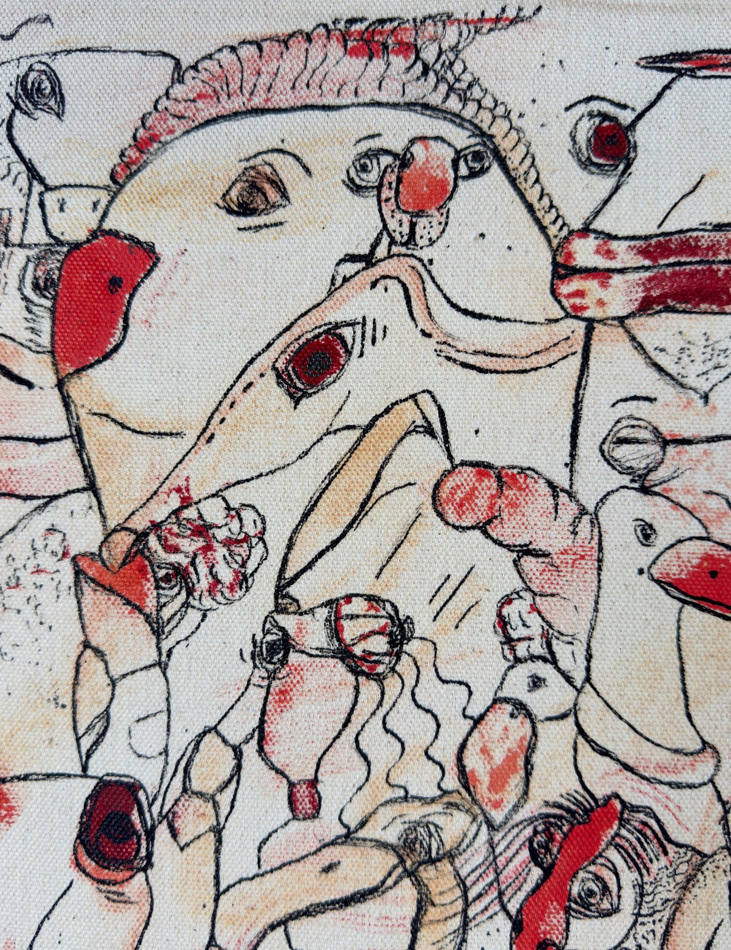 Sweet Dreams My Love | original on canvas - Studio Thicia Luiza Abstract expressionism artwork on raw cotton canvas. Colours are red tones, yellow and salmon/beige. Organic patterns and faces expressing different emotions.