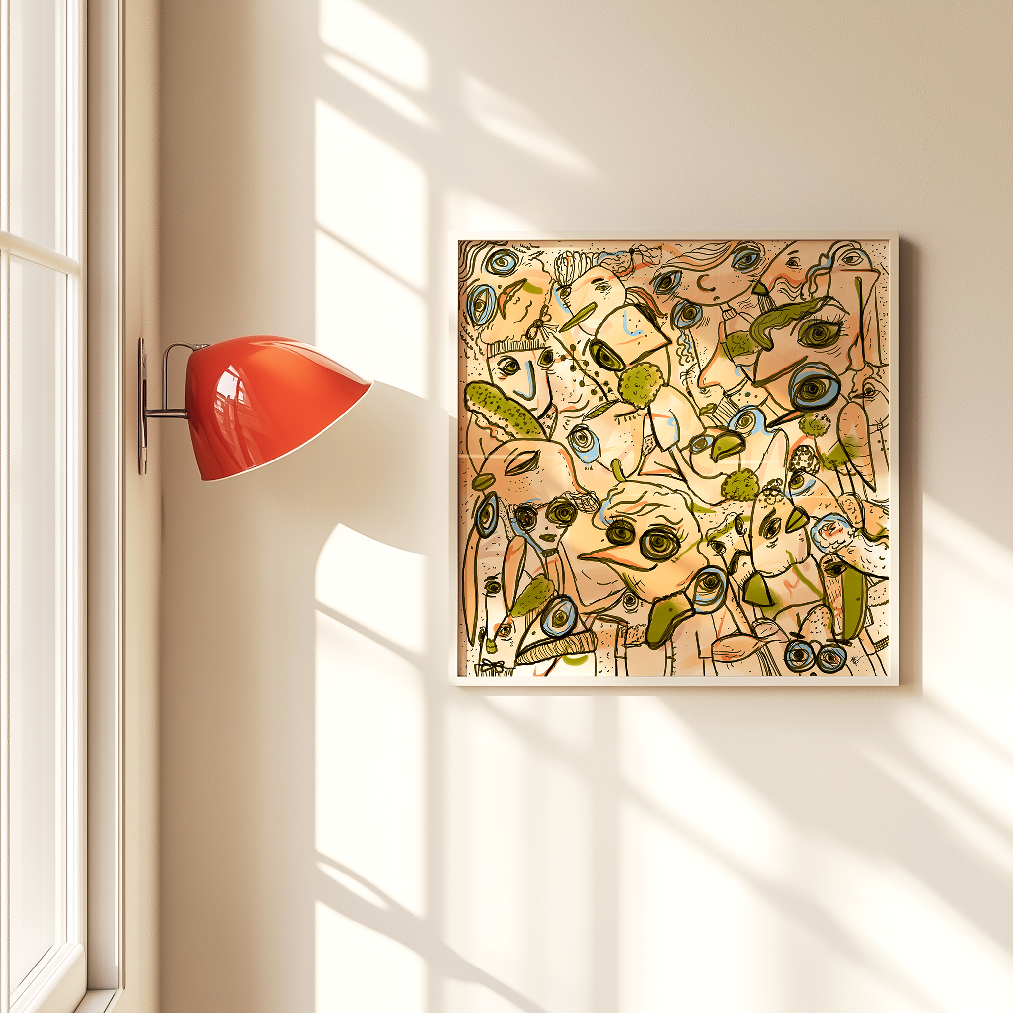 Abstract digital art print with pink tones, dark and light green strokes, and light blue details, organic patterns and faces expressing different emotions in a timber frame. Next to a red wall light. Made by Studio Thicia Luiza