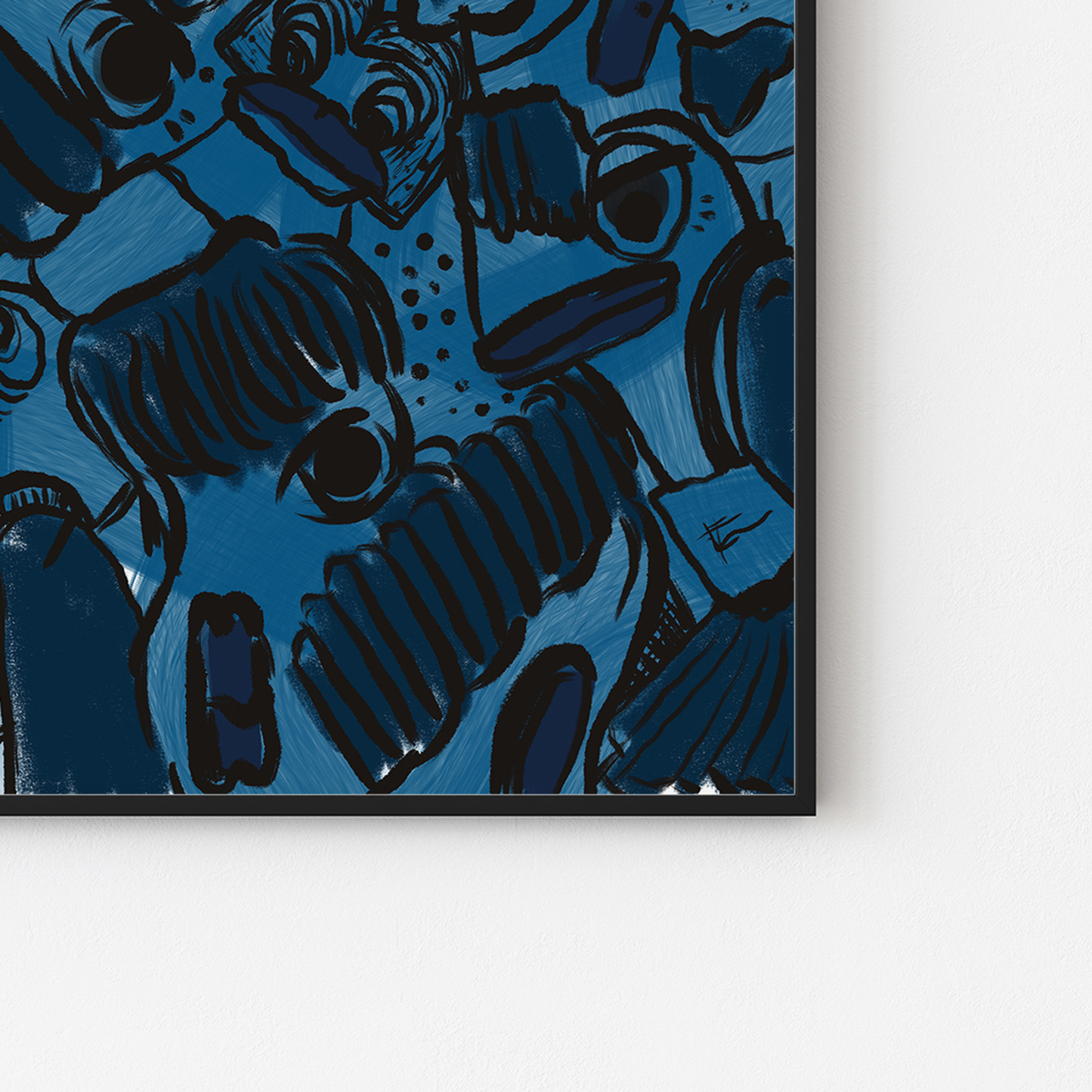 Abstract digital art print with vibrant blues, dark and light tones, organic patterns and faces expressing different emotions in a black frame. Signature pic. Made by Studio Thicia Luiza