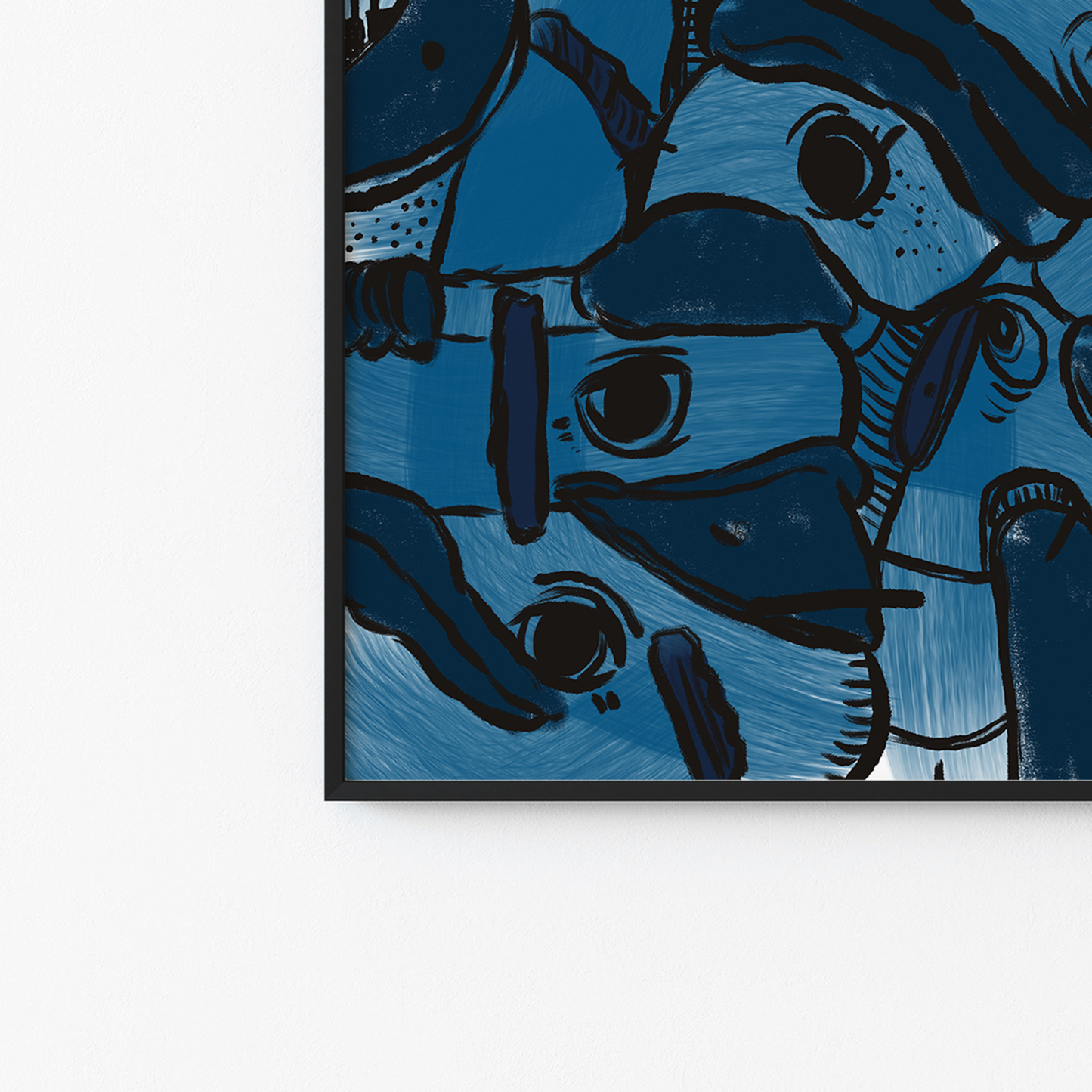 Abstract digital art print with vibrant blues, dark and light tones, organic patterns and faces expressing different emotions in a black frame. Made by Studio Thicia Luiza