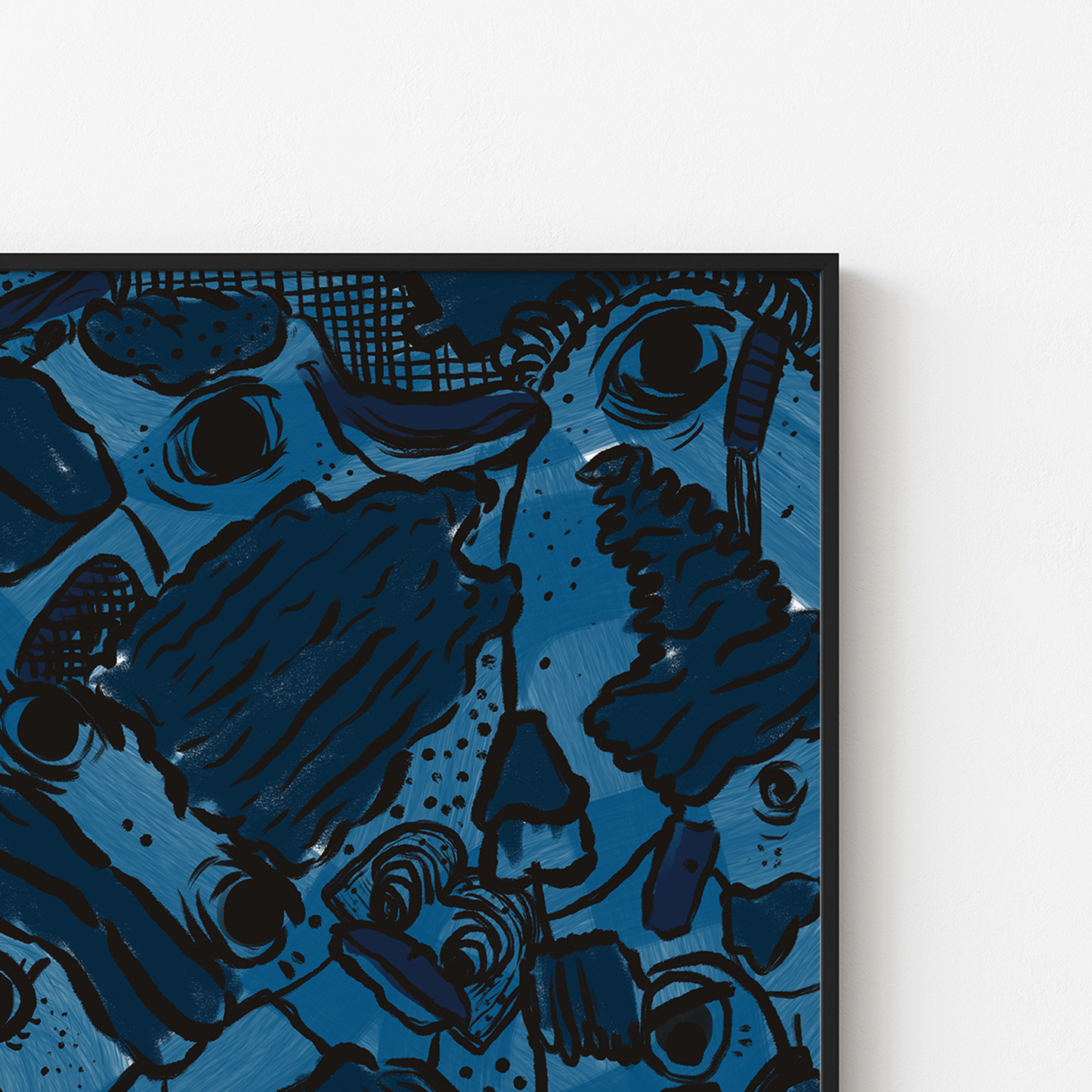 Abstract digital art print with vibrant blues, dark and light tones, organic patterns and faces expressing different emotions in a black frame. Made by Studio Thicia Luiza