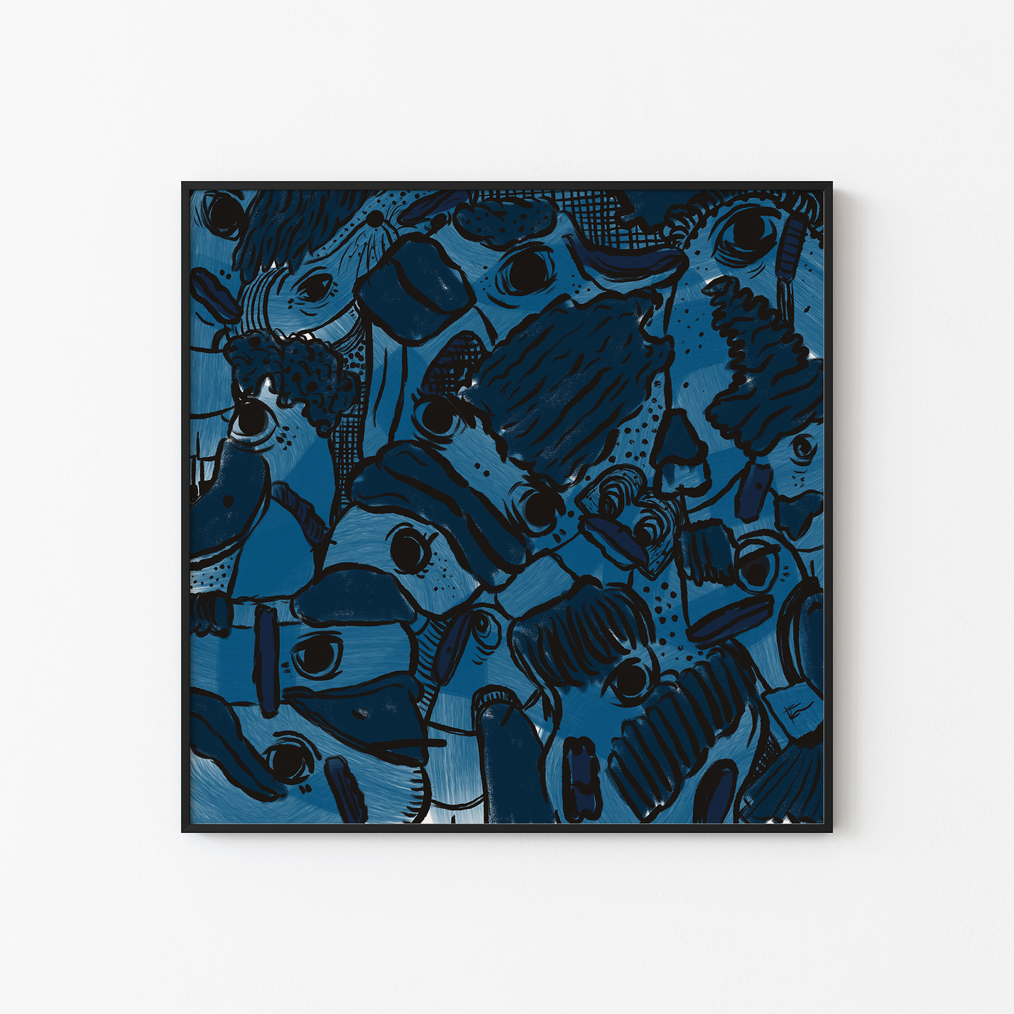 Abstract digital art print with vibrant blues, dark and light tones, organic patterns and faces expressing different emotions in a black frame. Made by Studio Thicia Luiza