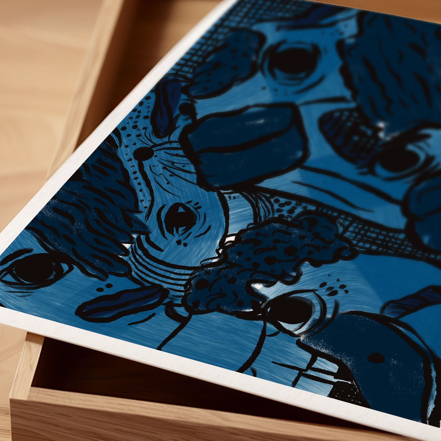 Abstract digital art print with vibrant blues, dark and light tones, organic patterns and faces expressing different emotions. Art Print sample. Made by Studio Thicia Luiza