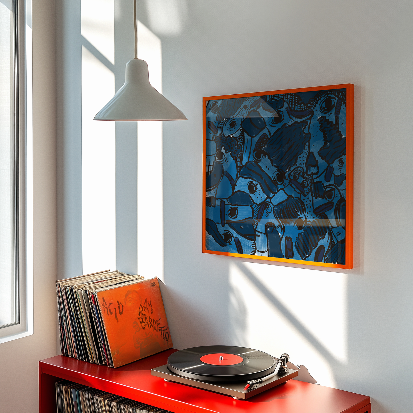 Abstract digital art print with vibrant blues, dark and light tones, orange frame in a setting with a record player, organic patterns and faces expressing different emotions. Made by Studio Thicia Luiza