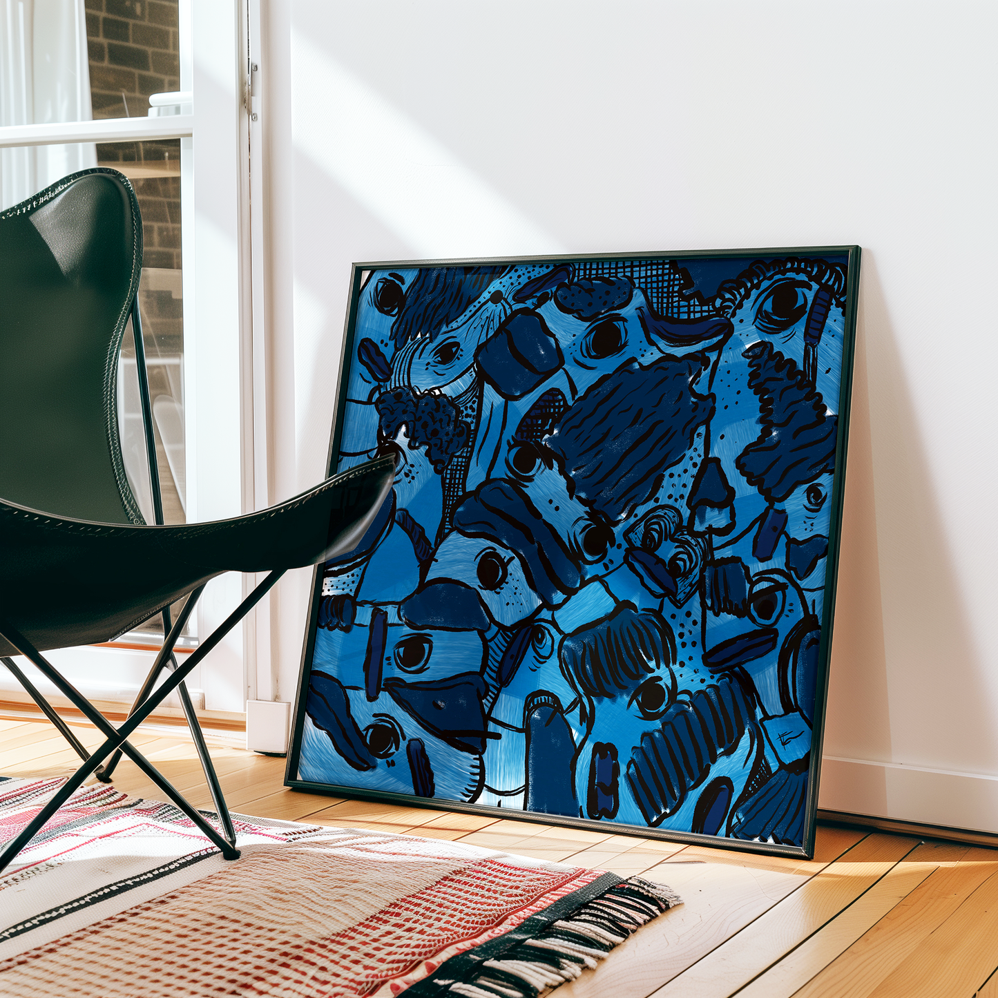 Abstract digital art print with vibrant blues, dark and light tones, organic patterns and faces expressing different emotions in a black frame. Made by Studio Thicia Luiza