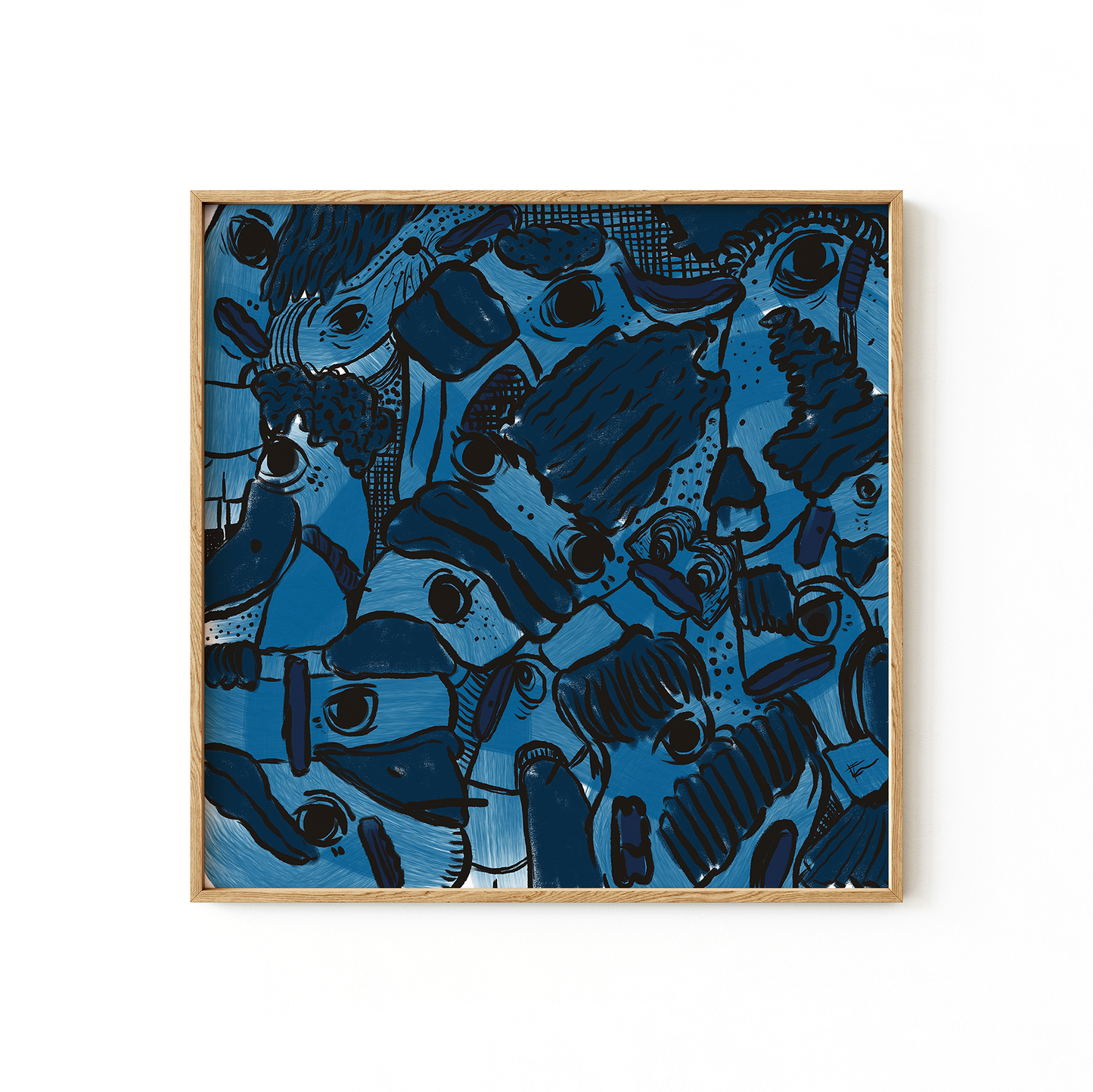 Abstract digital art print with vibrant blues, dark and light tones, organic patterns and faces expressing different emotions in a timber frame. Made by Studio Thicia Luiza