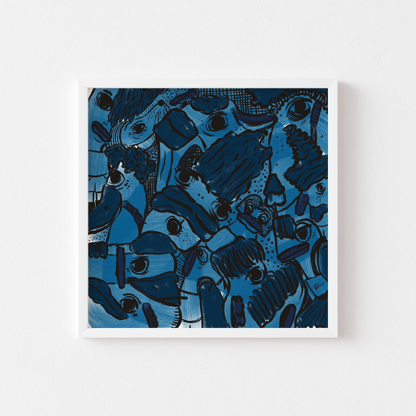 Abstract digital art print with vibrant blues, dark and light tones, organic patterns and faces expressing different emotions in a white frame. Made by Studio Thicia Luiza
