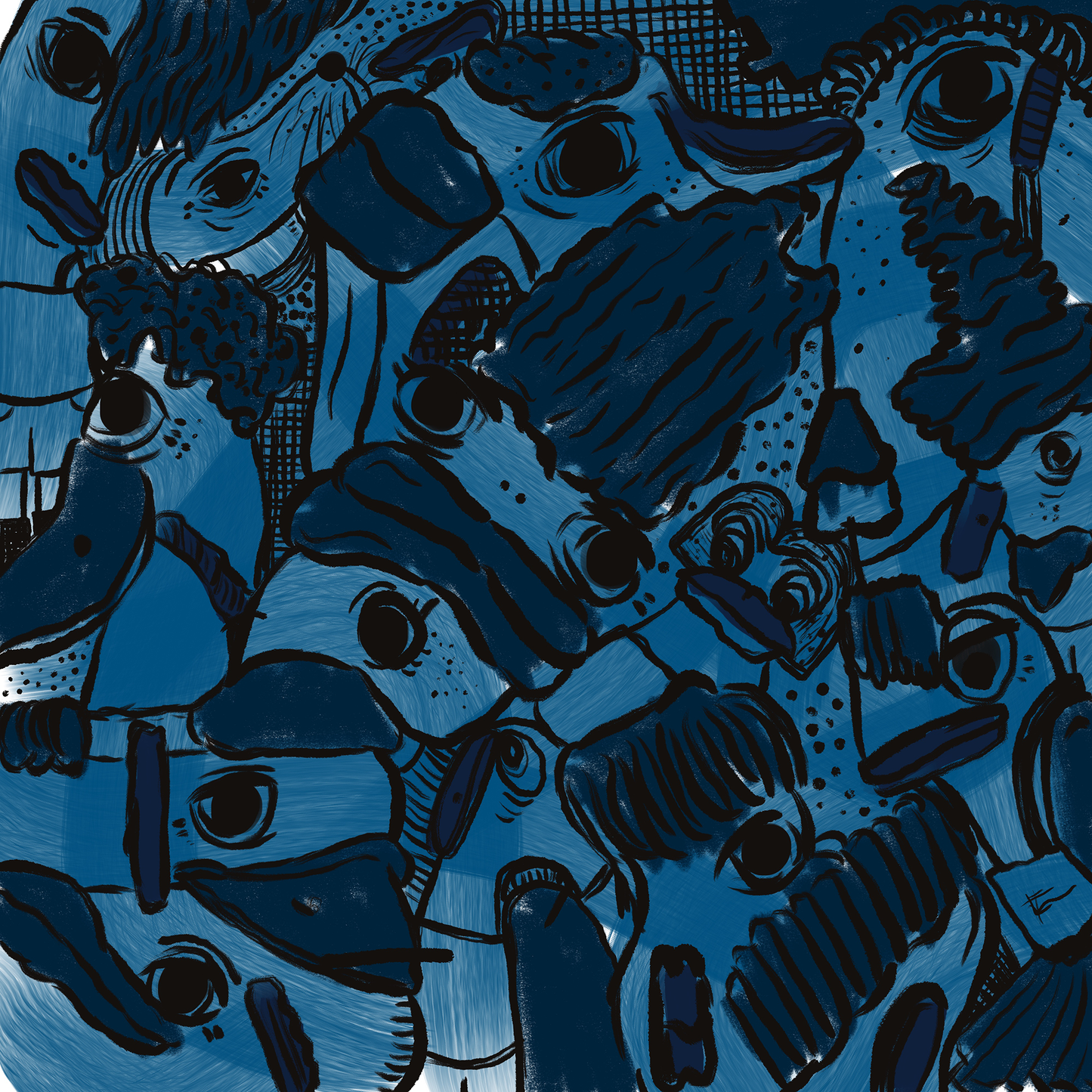 Abstract digital art print with vibrant blues, dark and light tones, organic patterns and faces expressing different emotions. Made by Studio Thicia Luiza