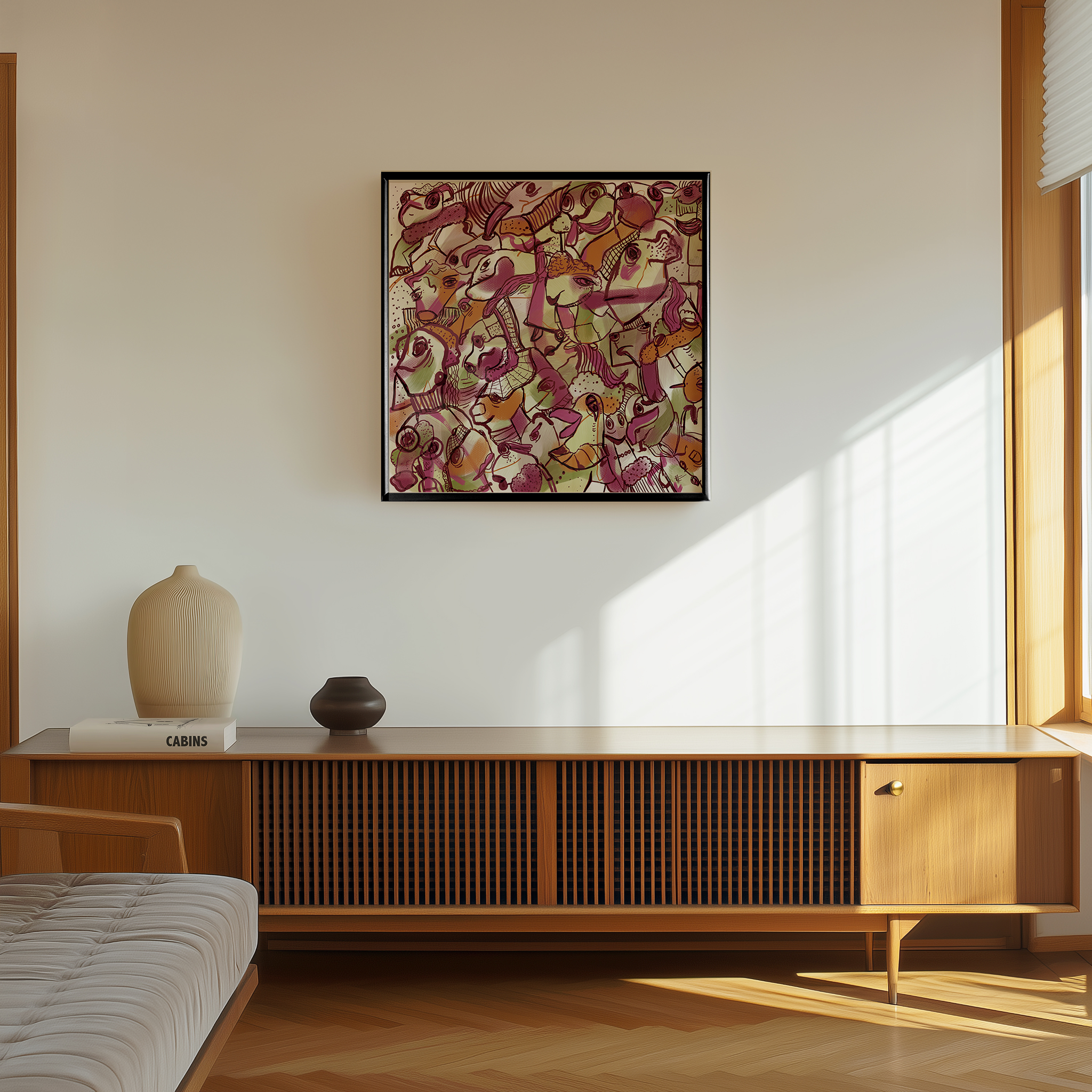 Abstract digital art print with vibrant purple, green, brown and orange organic patterns and faces expressing different emotions in a black frame, in an interior space from the 60s. Made by Studio Thicia Luiza