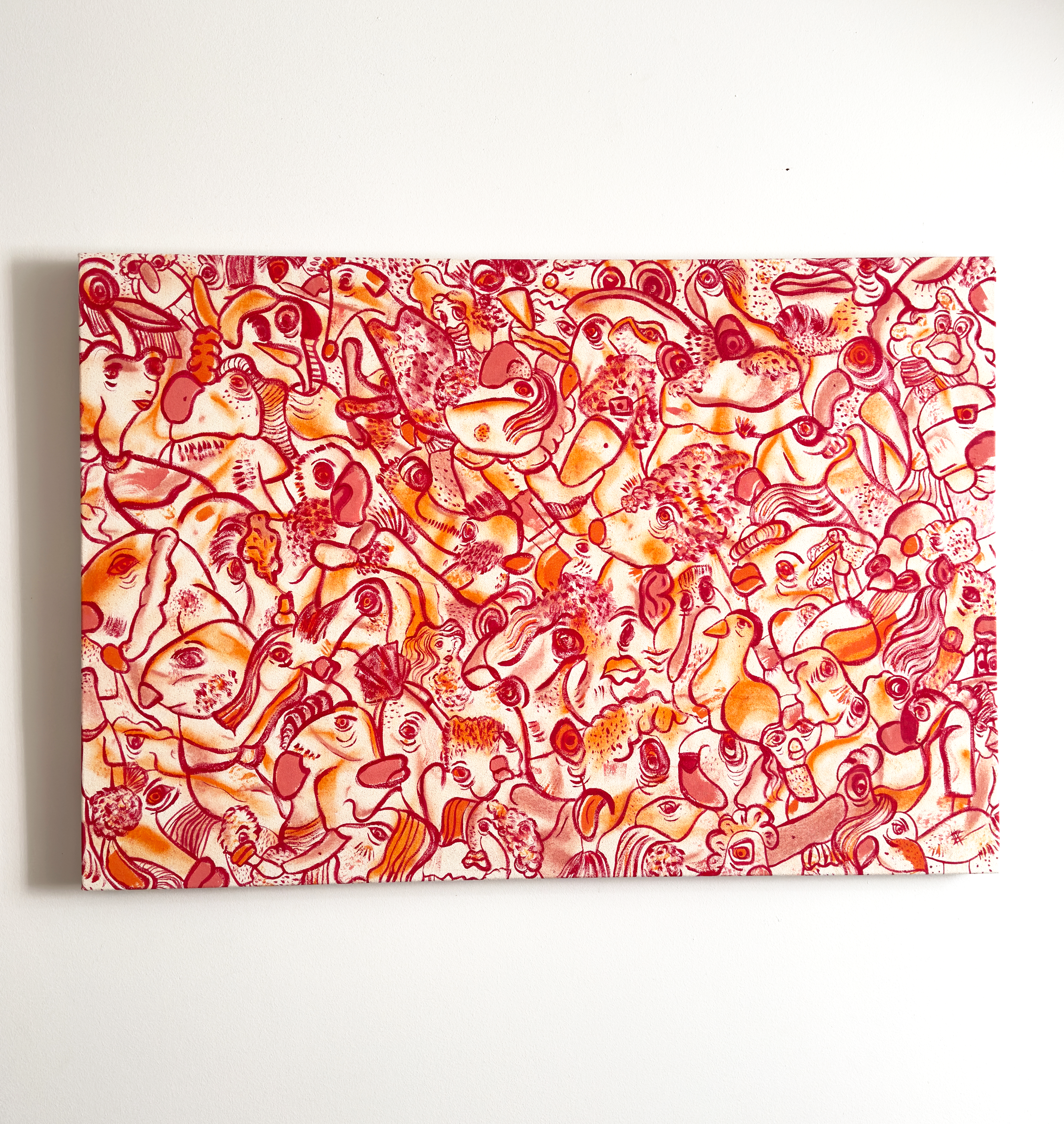 Abstract expressionism artwork on raw cotton canvas. Colours are orange tones, dark and light pinkl brush strokes. Organic patterns and faces expressing different emotions. Made by Studio Thicia Luiza