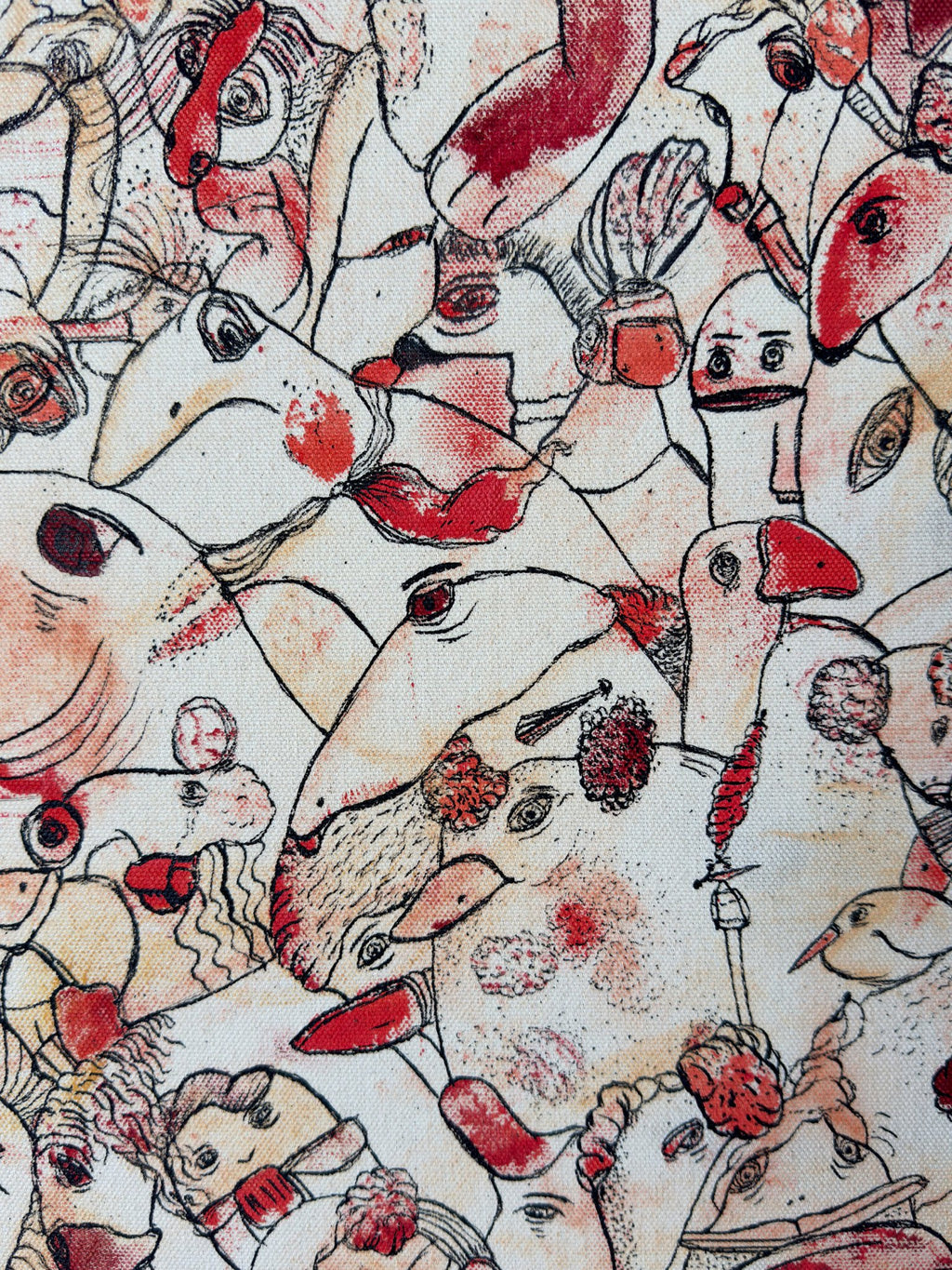 Sweet Dreams My Love | original on canvas - Studio Thicia Luiza Abstract expressionism artwork on raw cotton canvas. Colours are red tones, yellow and salmon/beige. Organic patterns and faces expressing different emotions. 