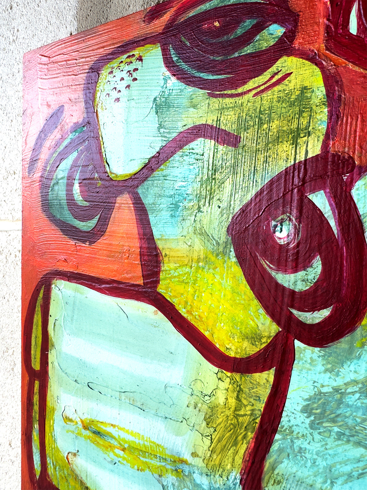 Abstract expressionist original artwork in turquoise, green, orange and red by Studio Thicia Luiza