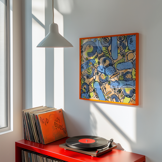 Abstract digital art print with vibrant blue, green, beige and ochre organic patterns and faces expressing different emotions in a orange frame in a record player corner of the house. Made by Studio Thicia Luiza