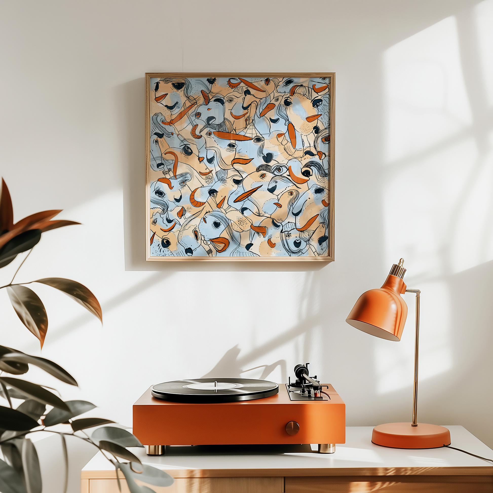 Abstract digital art print with soft blue, orange, beige and ochre organic patterns and faces expressing different emotions in a timber frame. Made by Studio Thicia Luiza