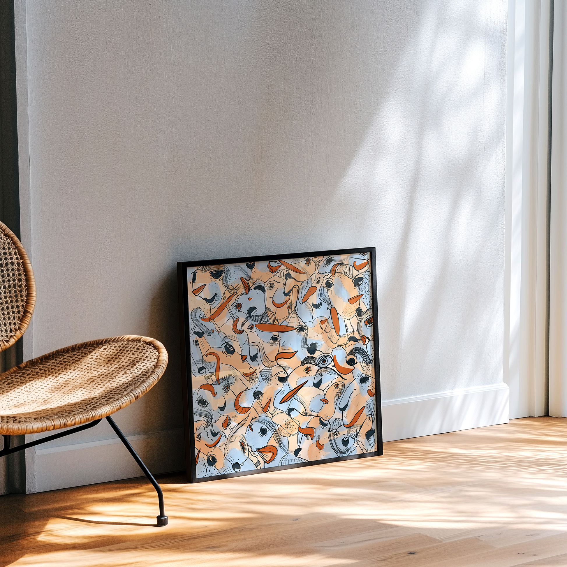 Abstract digital art print with soft blue, orange, beige and ochre organic patterns and faces expressing different emotions in a black frame. Made by Studio Thicia Luiza