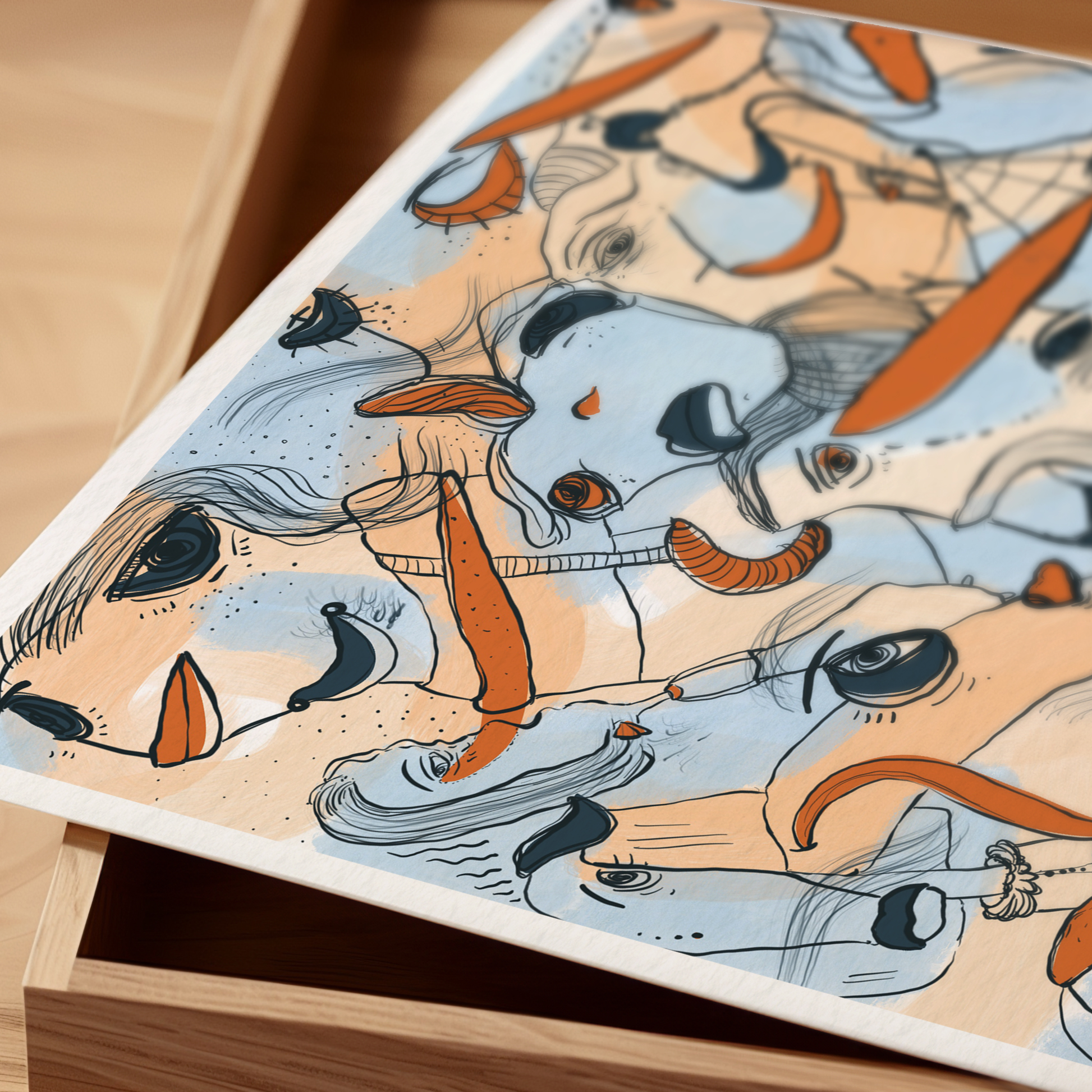 Abstract digital art print with soft blue, orange, beige and ochre organic patterns and faces expressing different emotions, sample art print. Made by Studio Thicia Luiza