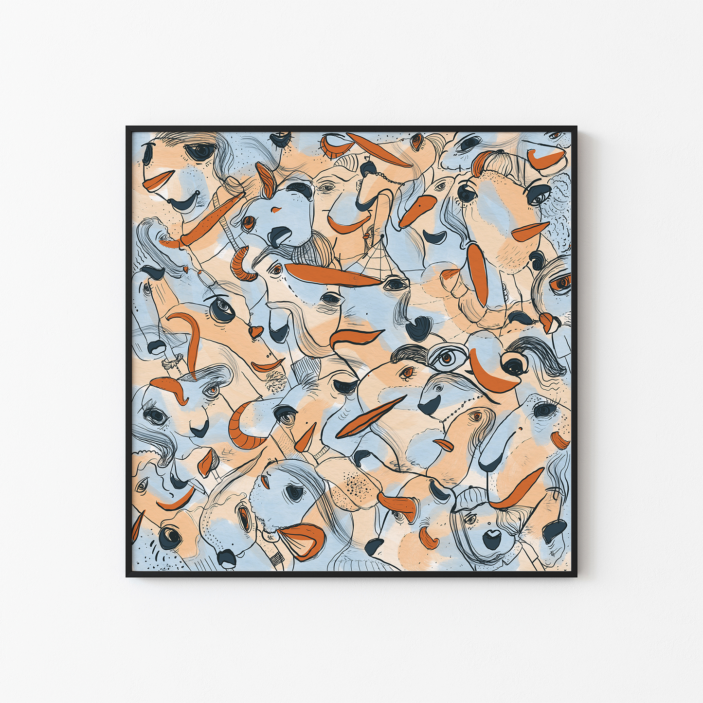 Abstract digital art print with soft blue, orange, beige and ochre organic patterns and faces expressing different emotions in a black frame. Made by Studio Thicia Luiza