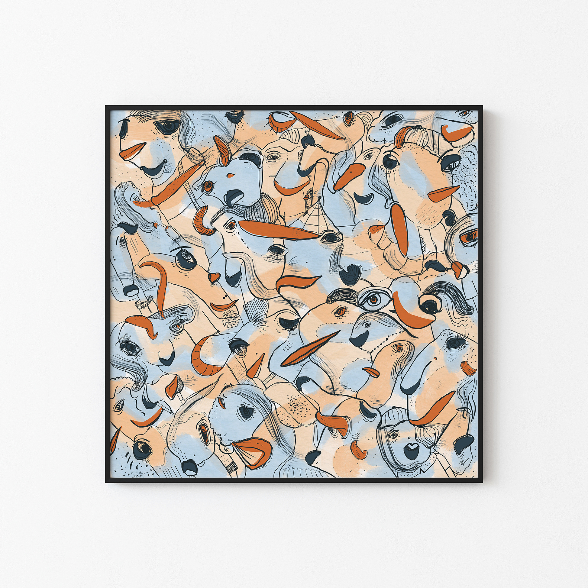 Abstract digital art print with soft blue, orange, beige and ochre organic patterns and faces expressing different emotions in a black frame. Made by Studio Thicia Luiza