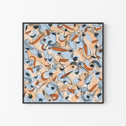 Abstract digital art print with soft blue, orange, beige and ochre organic patterns and faces expressing different emotions in a black frame. Made by Studio Thicia Luiza