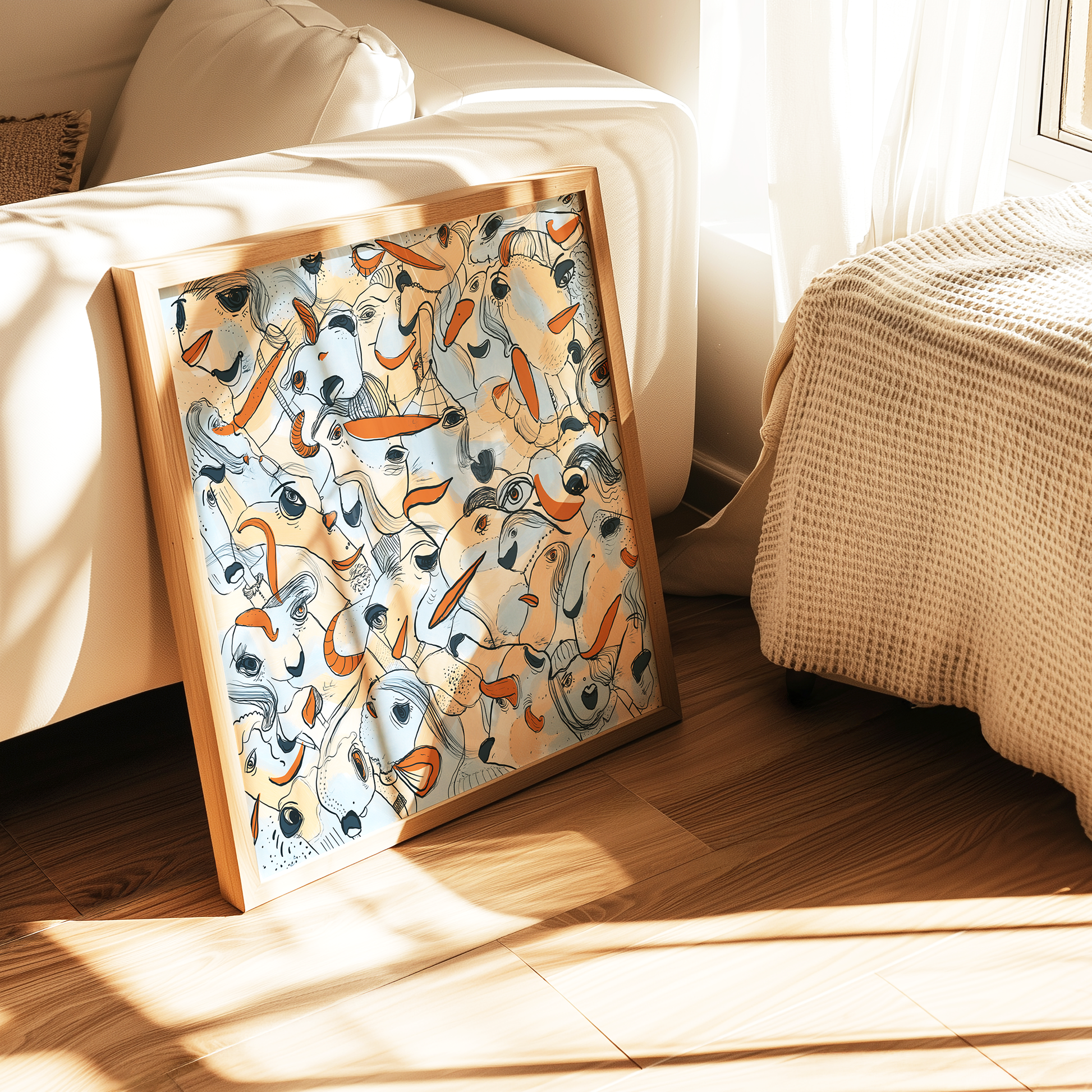 Abstract digital art print with soft blue, orange, beige and ochre organic patterns and faces expressing different emotions in a timber frame. Made by Studio Thicia Luiza