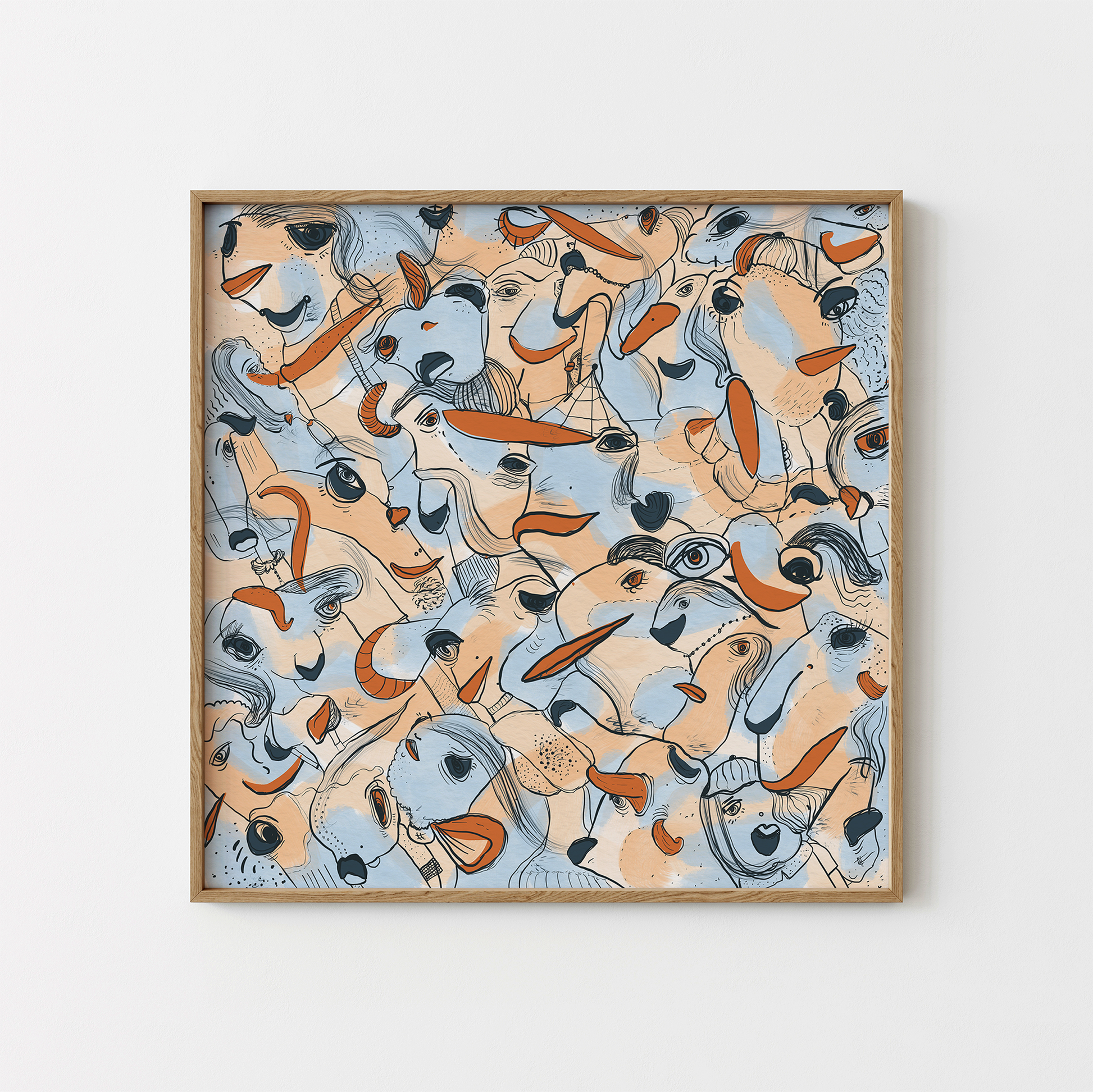 Abstract digital art print with soft blue, orange, beige and ochre organic patterns and faces expressing different emotions in a timber frame. Made by Studio Thicia Luiza