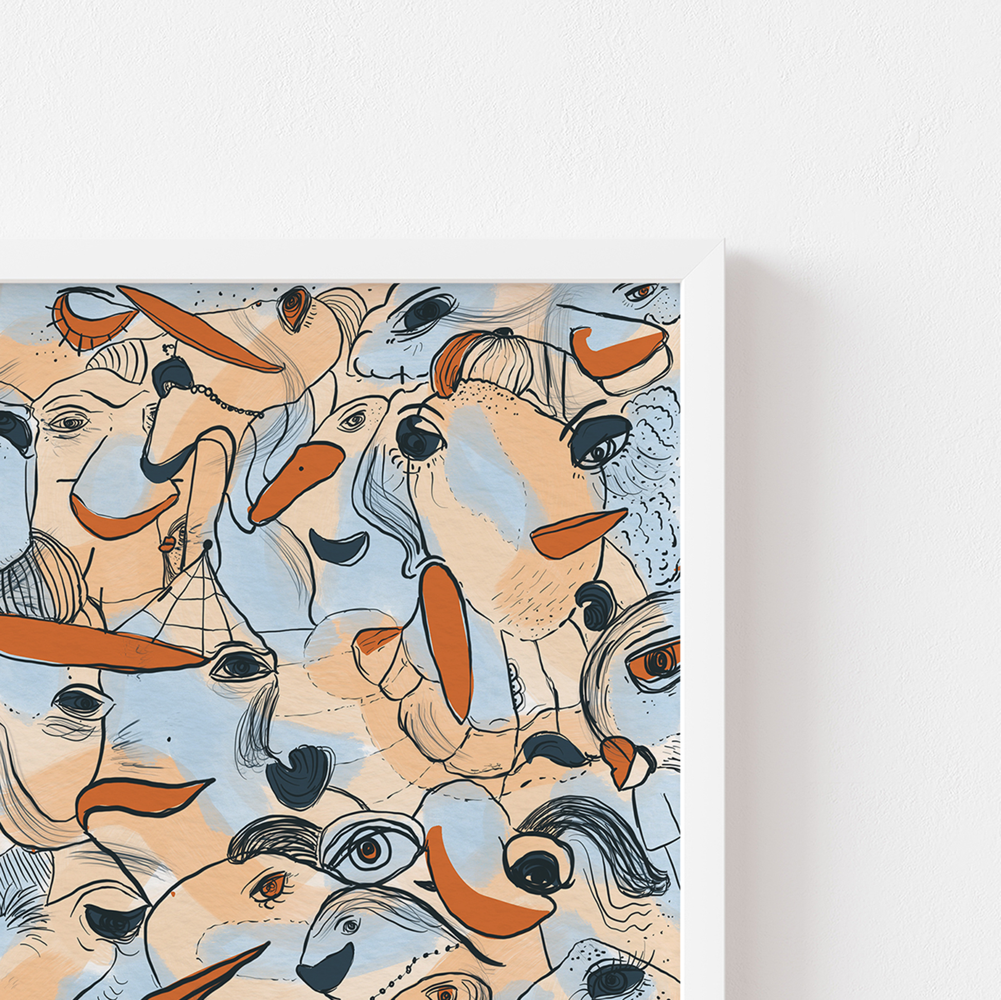 Abstract digital art print with soft blue, orange, beige and ochre organic patterns and faces expressing different emotions in a white frame, detailed shot. Made by Studio Thicia Luiza