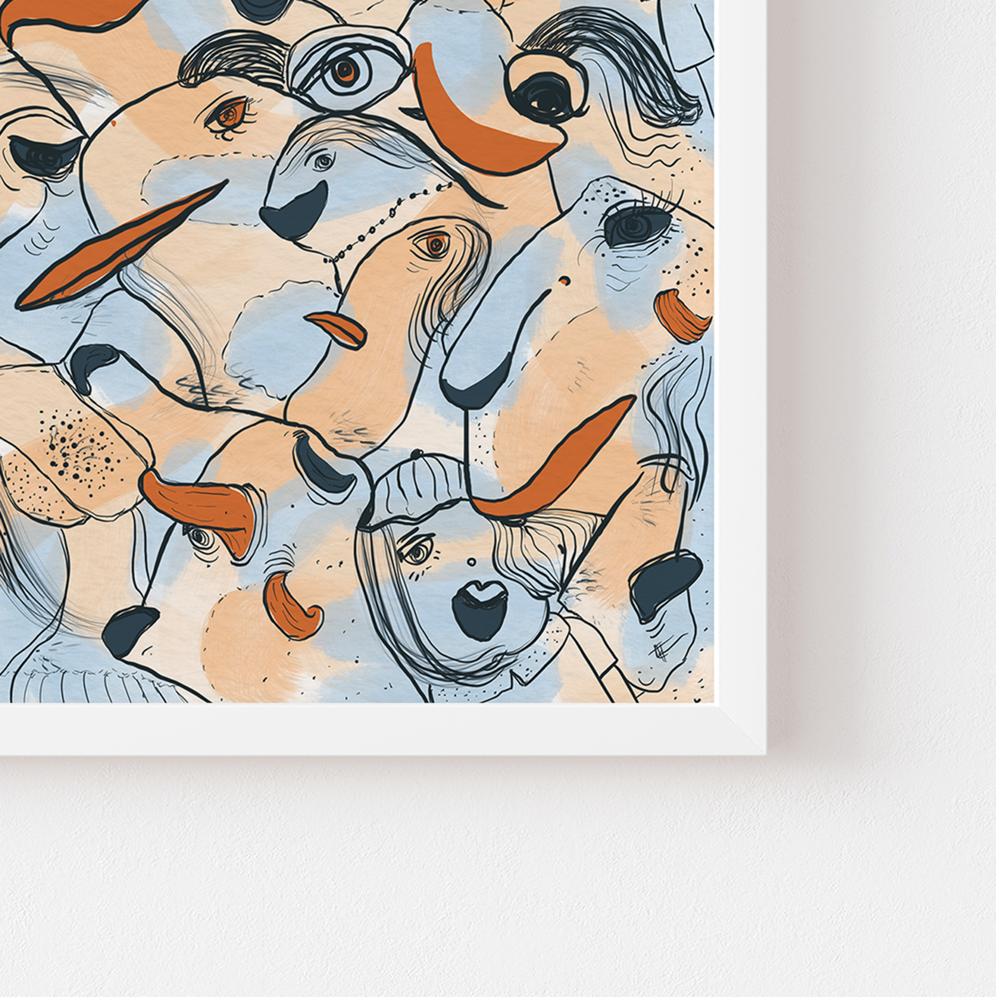 Abstract digital art print with soft blue, orange, beige and ochre organic patterns and faces expressing different emotions in a white frame and signature corner. Made by Studio Thicia Luiza
