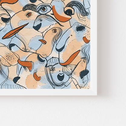 Abstract digital art print with soft blue, orange, beige and ochre organic patterns and faces expressing different emotions in a white frame and signature corner. Made by Studio Thicia Luiza