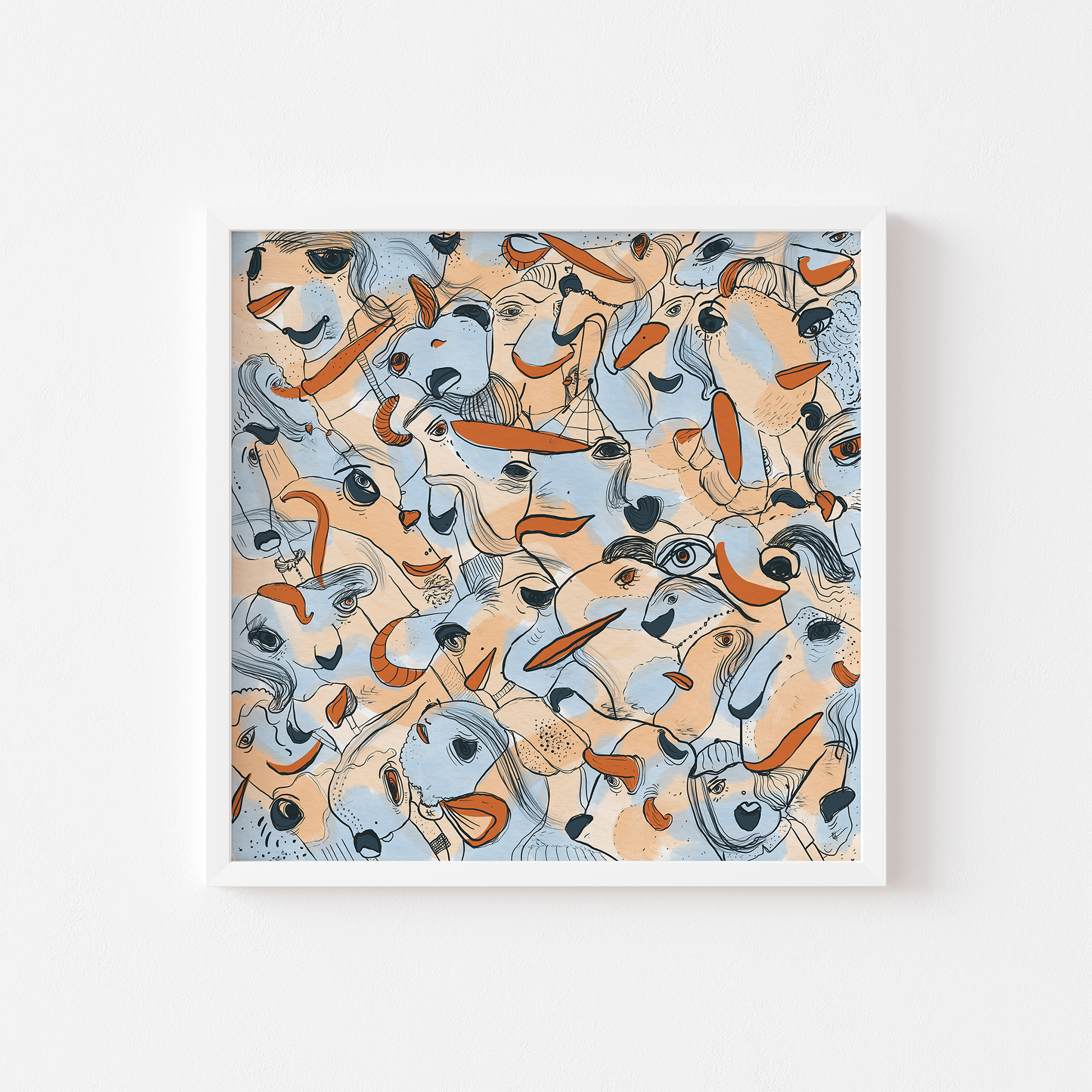 Abstract digital art print with soft blue, orange, beige and ochre organic patterns and faces expressing different emotions in a white frame. Made by Studio Thicia Luiza