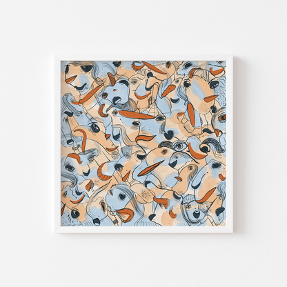 Abstract digital art print with soft blue, orange, beige and ochre organic patterns and faces expressing different emotions in a white frame. Made by Studio Thicia Luiza