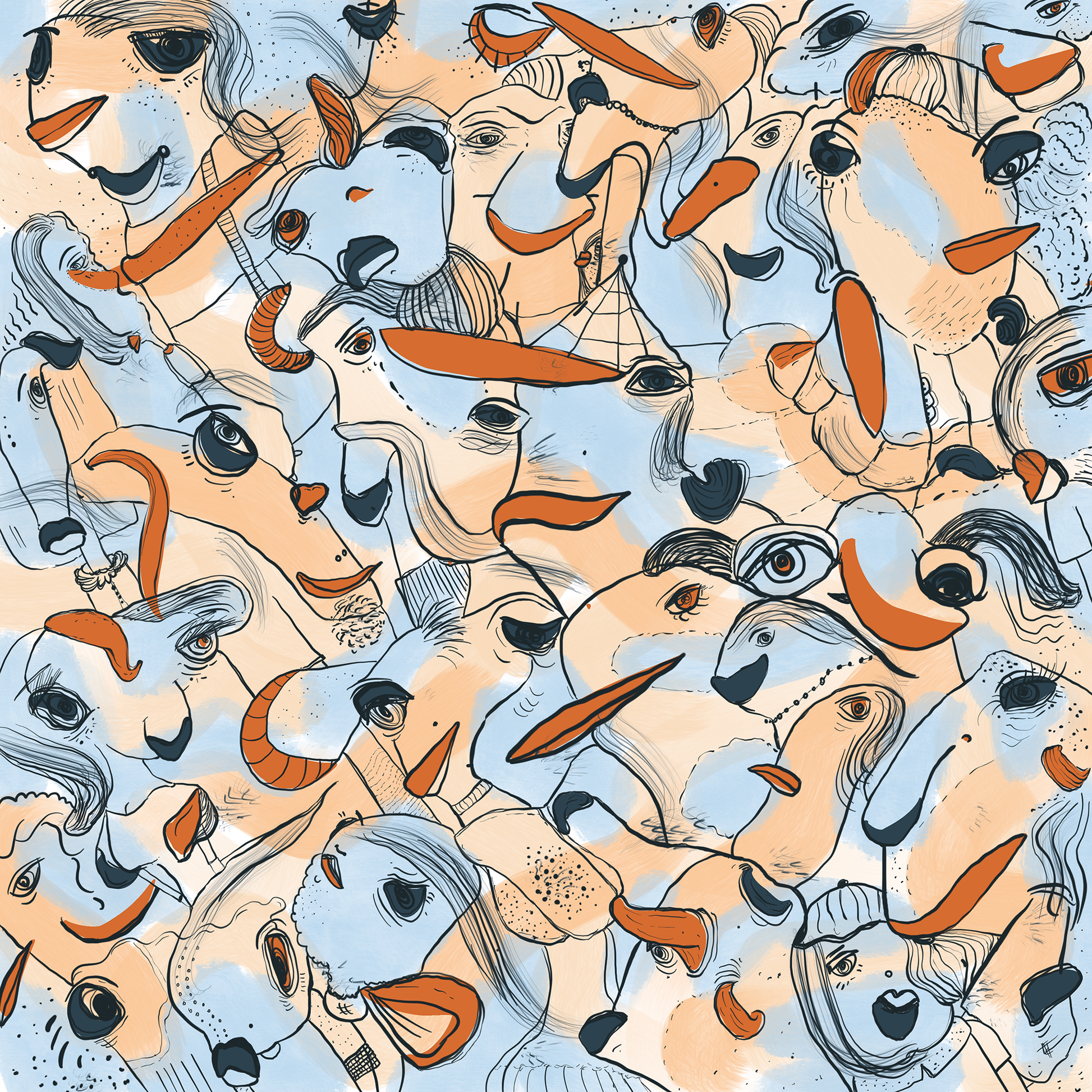 Abstract digital art print with soft blue, orange, beige and ochre organic patterns and faces expressing different emotions. Made by Studio Thicia Luiza