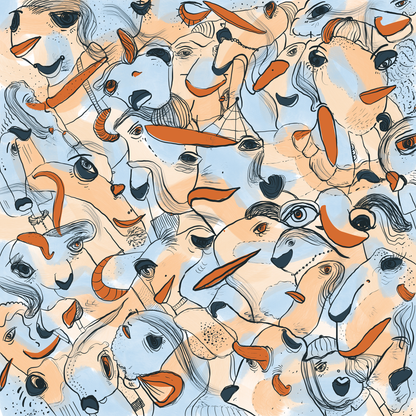 Abstract digital art print with soft blue, orange, beige and ochre organic patterns and faces expressing different emotions. Made by Studio Thicia Luiza