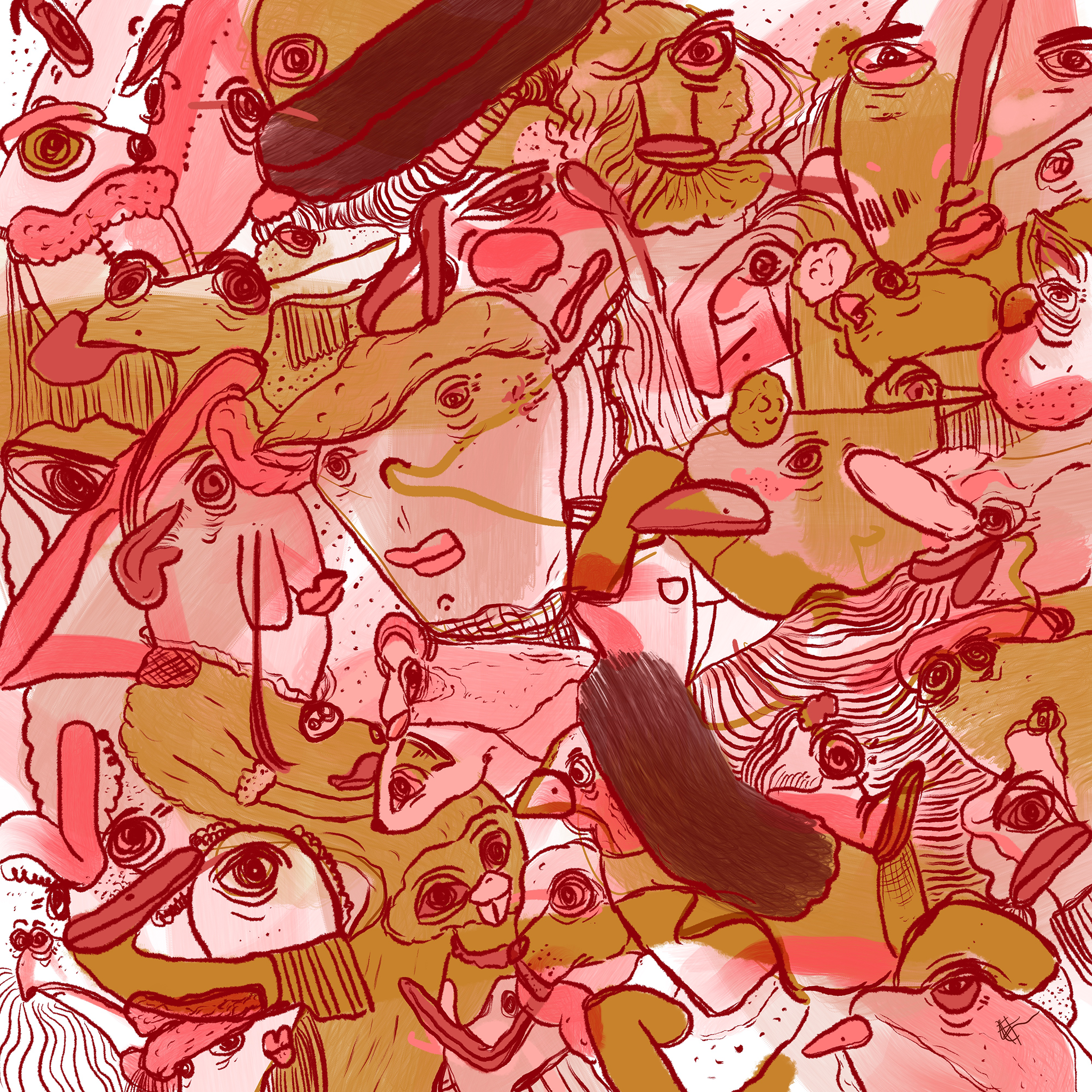 Abstract digital art print with vibrant pinks, ochres, red and burgundy, organic patterns and faces expressing different emotions in a golden frame. Made by Studio Thicia Luiza