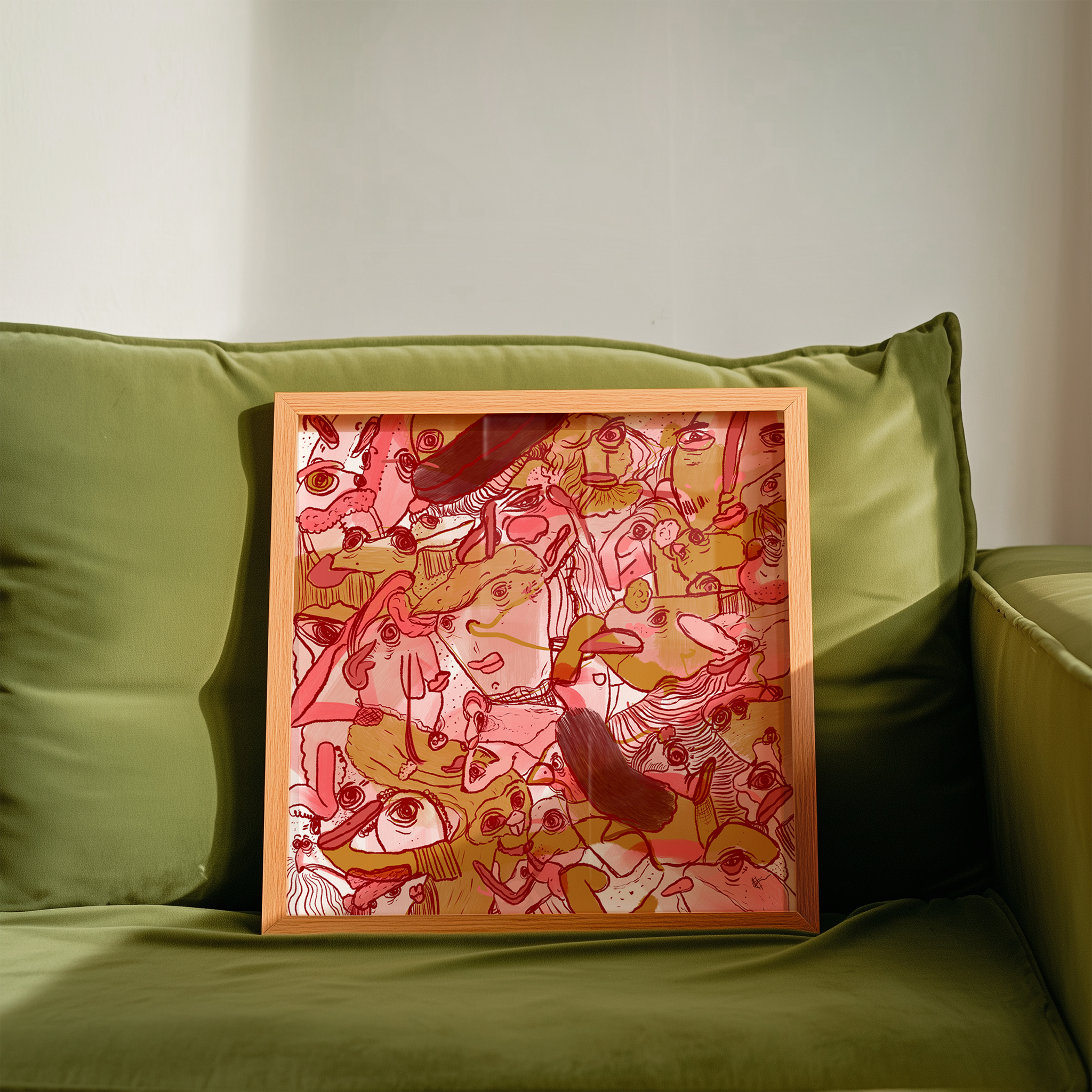 Abstract digital art print with vibrant pinks, ochres, red and burgundy, organic patterns and faces expressing different emotions in a golden frame. Made by Studio Thicia Luiza