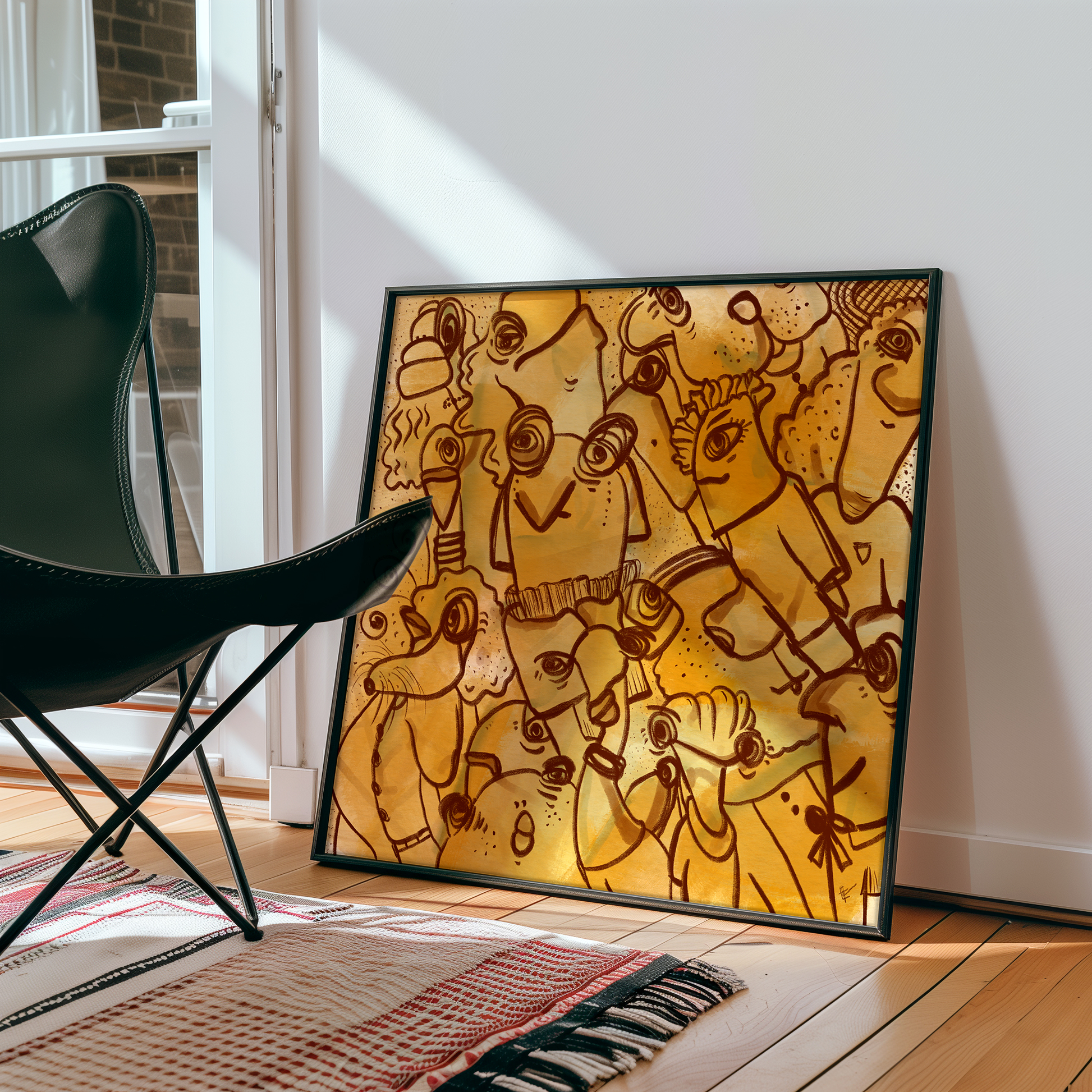 Abstract digital art print with vibrant yellows, mustard, brown and ochre organic patterns and faces expressing different emotions in a black frame, placed next to a chair from the 60s. Made by Studio Thicia Luiza
