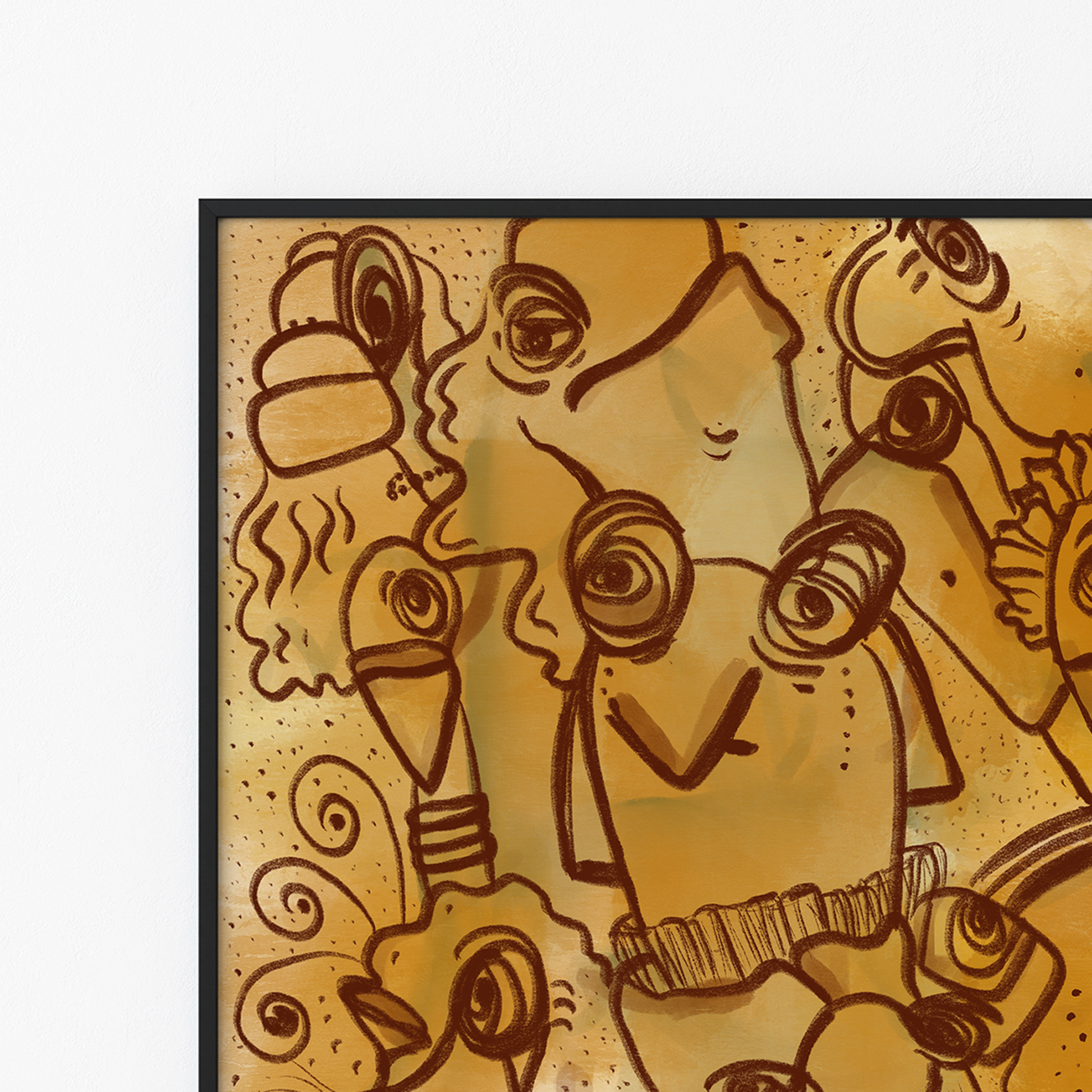 Abstract digital art print with vibrant yellows, mustard, brown and ochre organic patterns and faces expressing different emotions in a black frame, detailed shot. Made by Studio Thicia Luiza