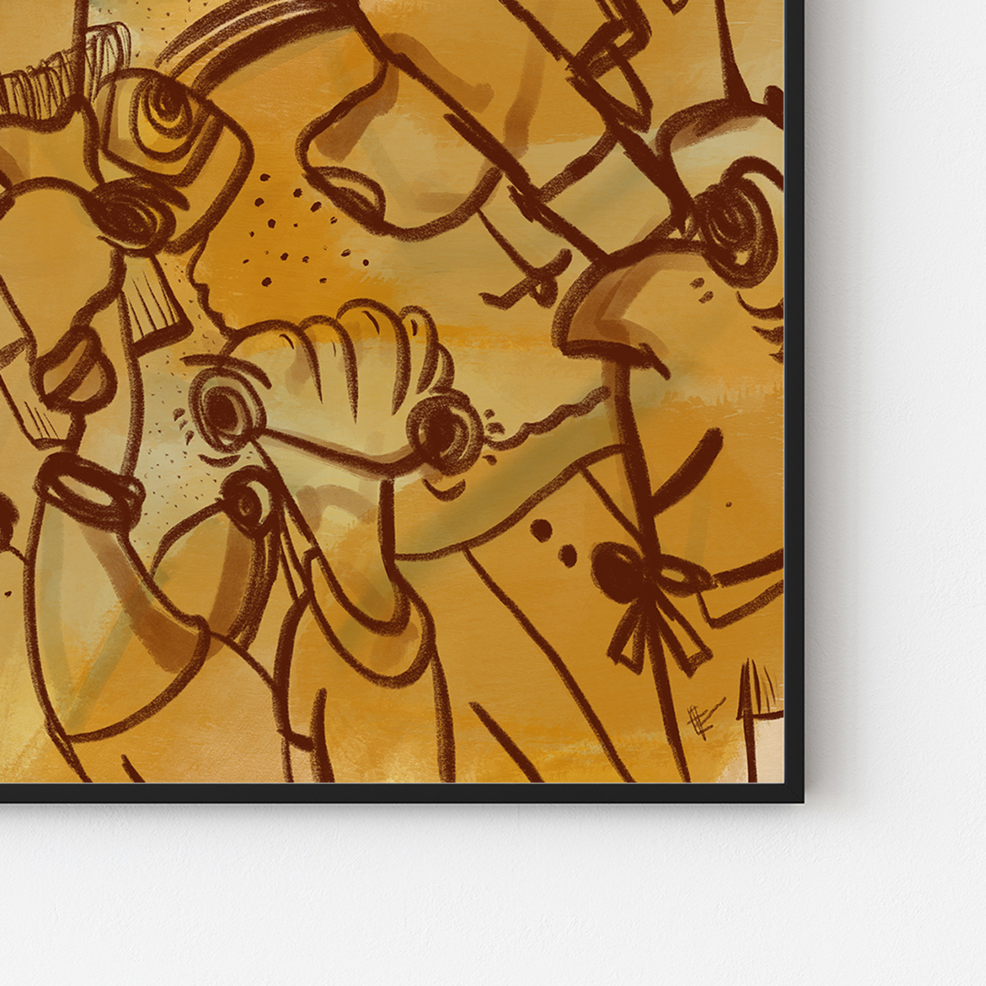 Abstract digital art print with vibrant yellows, mustard, brown and ochre organic patterns and faces expressing different emotions in a black frame, detailed shot. Made by Studio Thicia Luiza