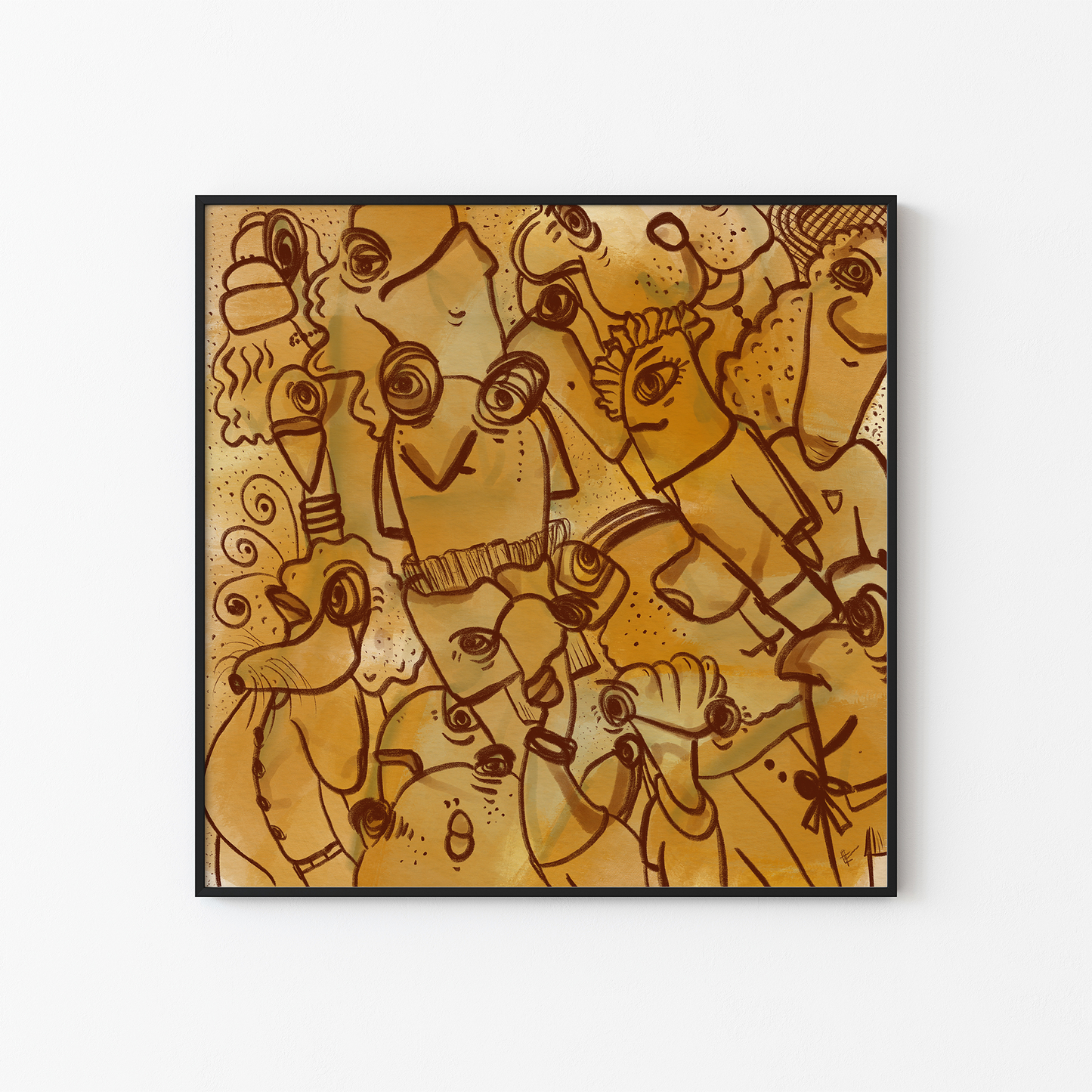 Abstract digital art print with vibrant yellows, mustard, brown and ochre organic patterns and faces expressing different emotions in a black frame. Made by Studio Thicia Luiza