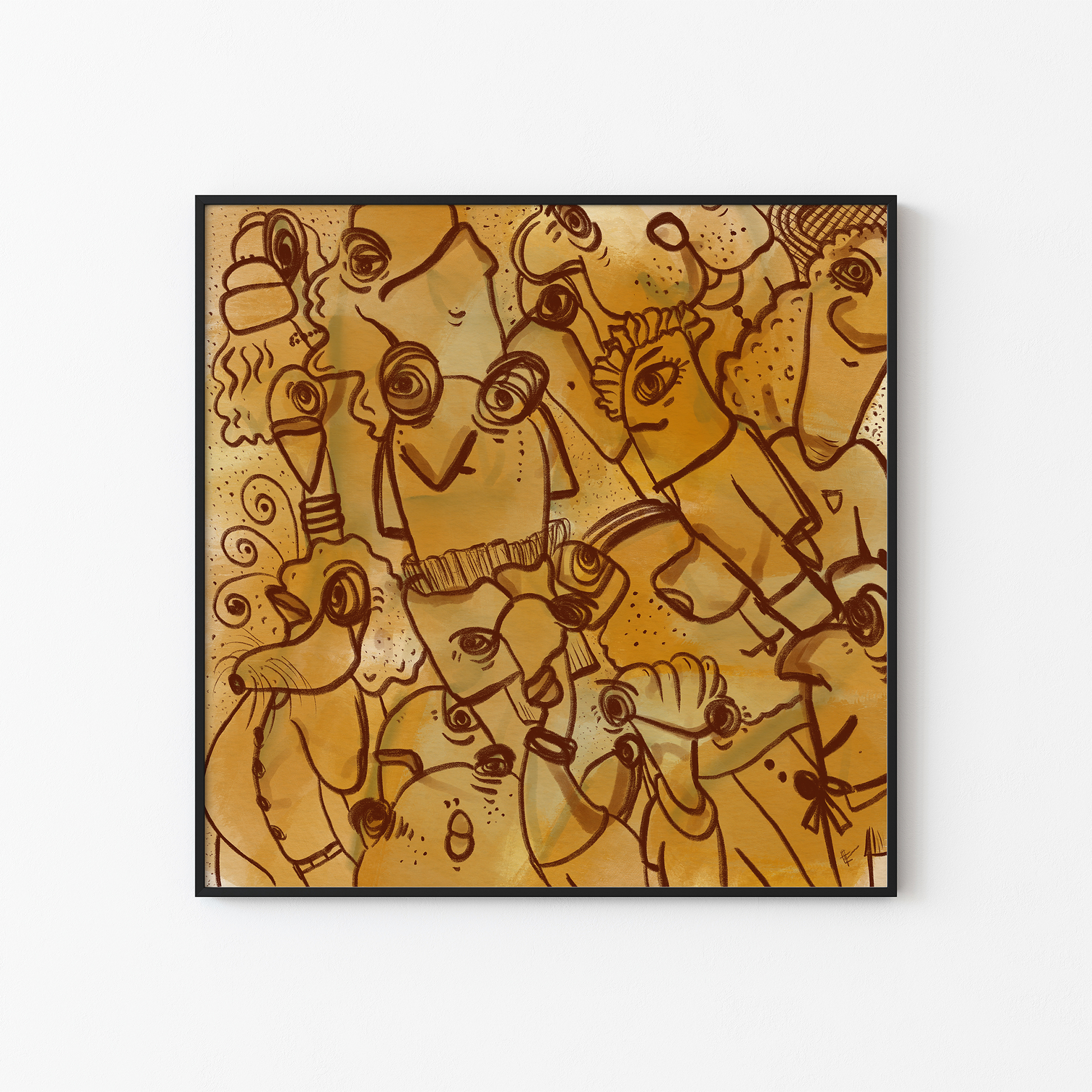 Abstract digital art print with vibrant yellows, mustard, brown and ochre organic patterns and faces expressing different emotions in a black frame. Made by Studio Thicia Luiza