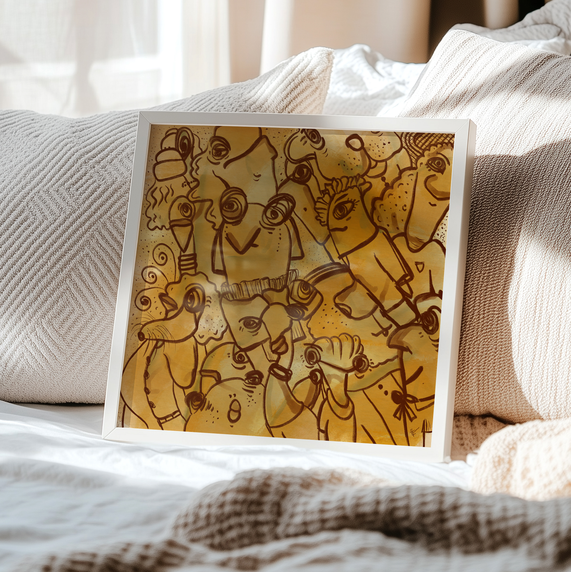 Abstract digital art print with vibrant yellows, mustard, brown and ochre organic patterns and faces expressing different emotions in a white frame. Made by Studio Thicia Luiza