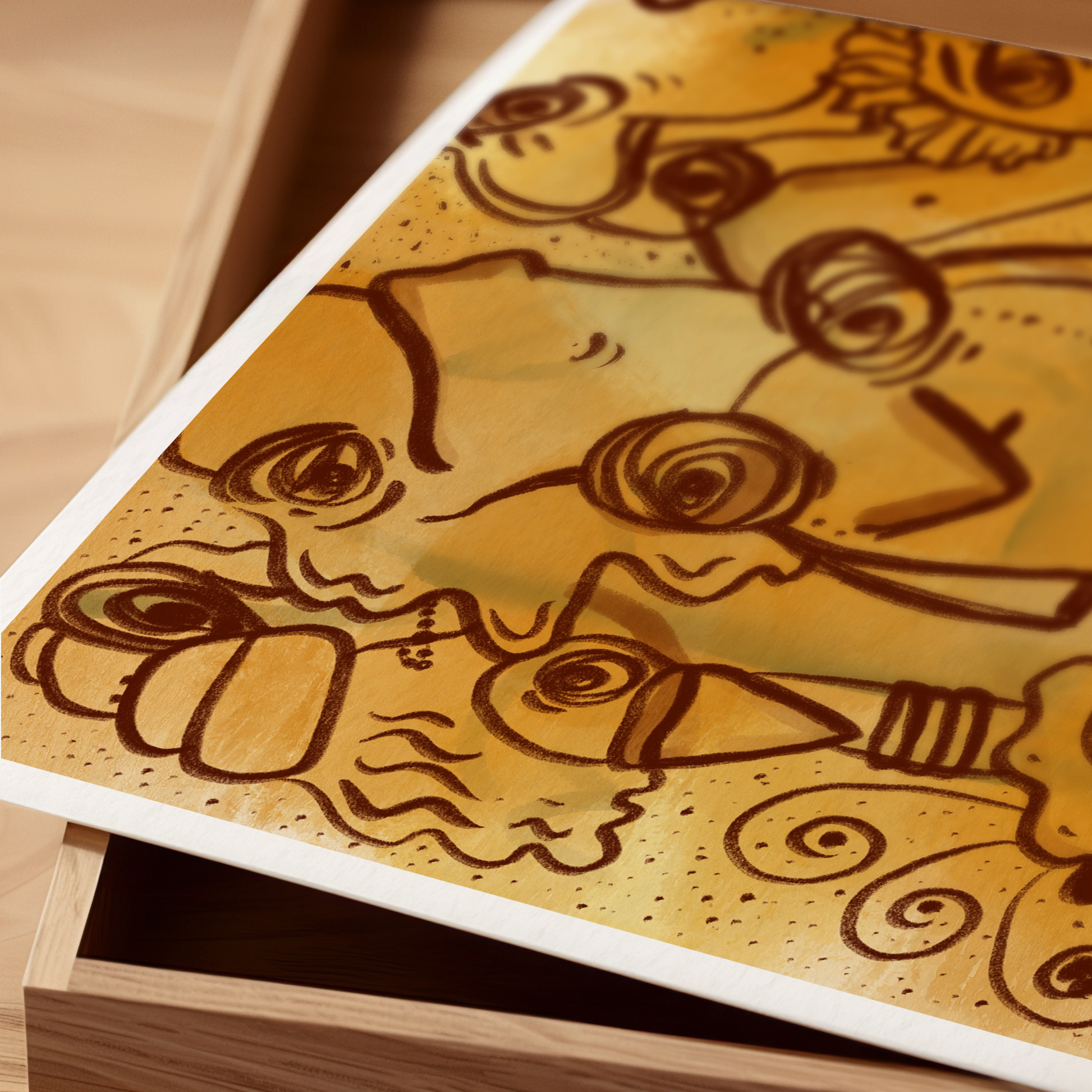 Abstract digital art print with vibrant yellows, mustard, brown and ochre organic patterns and faces expressing different emotions. Sampre giclee art print, detailed shot. Made by Studio Thicia Luiza