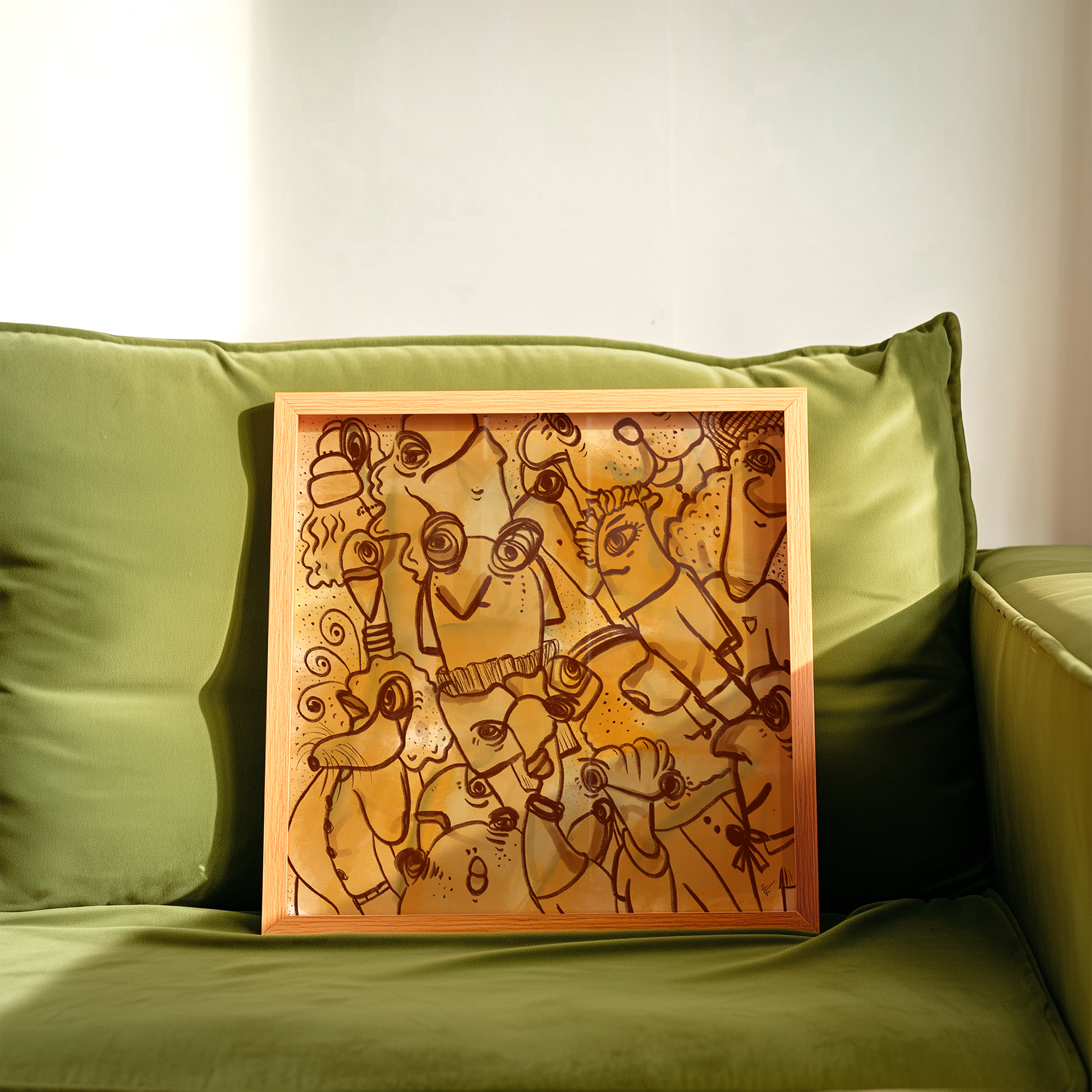 Abstract digital art print with vibrant yellows, mustard, brown and ochre organic patterns and faces expressing different emotions in a black frame, detailed shot, on a green sofa. Made by Studio Thicia Luiza