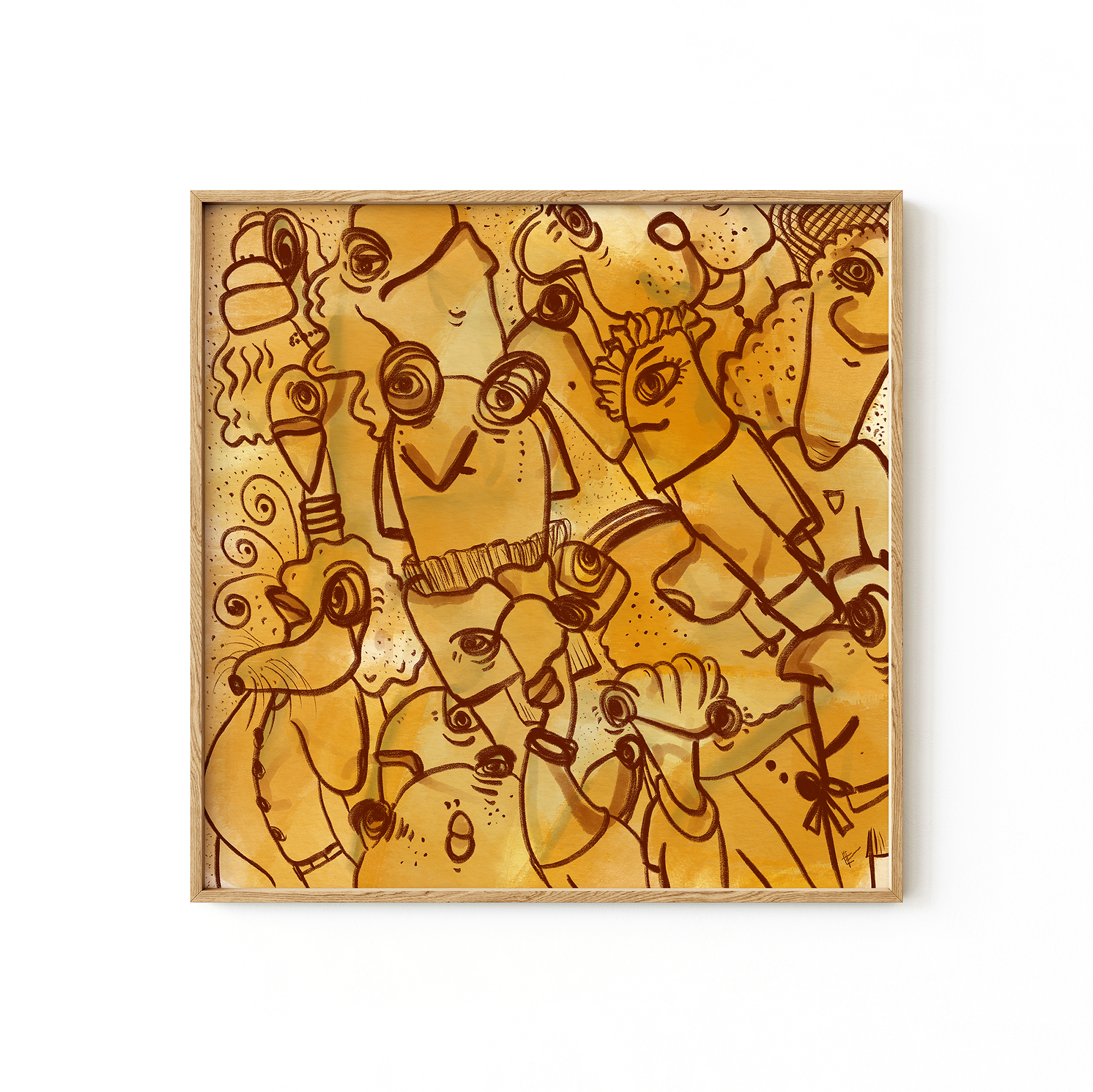 Abstract digital art print with vibrant yellows, mustard, brown and ochre organic patterns and faces expressing different emotions in a timber frame. Made by Studio Thicia Luiza