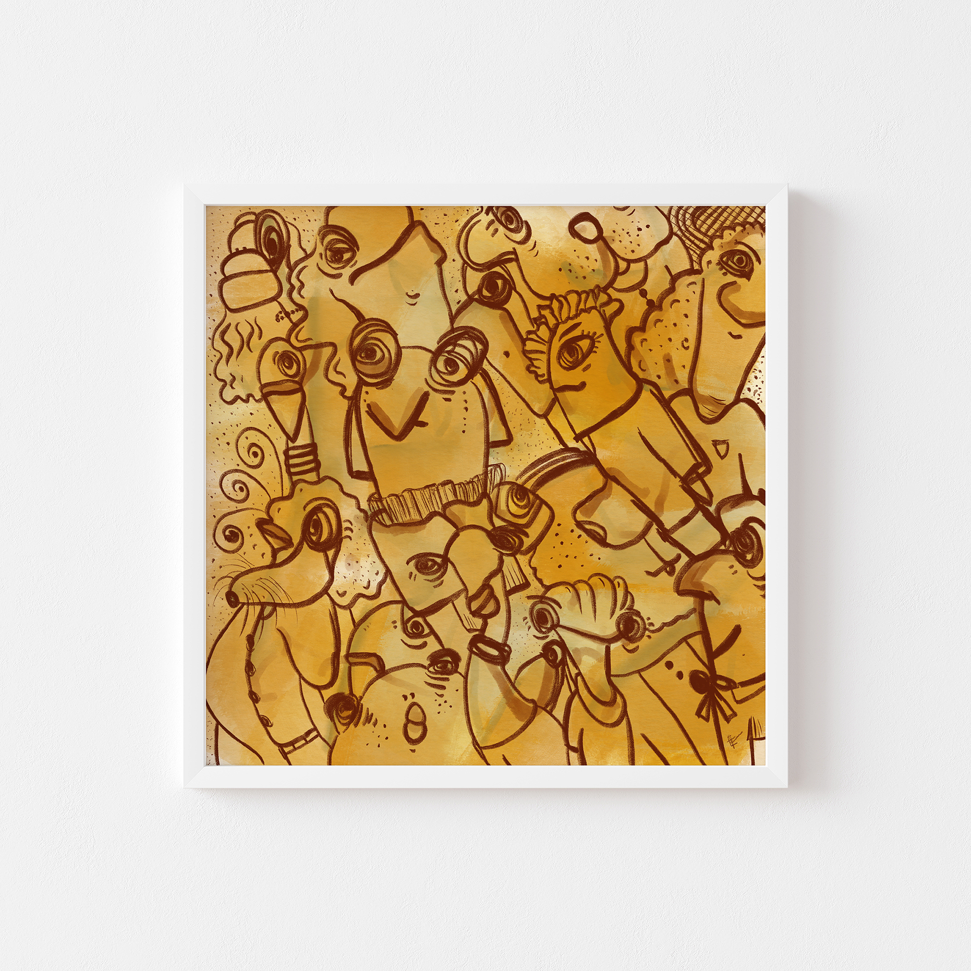 Abstract digital art print with vibrant yellows, mustard, brown and ochre organic patterns and faces expressing different emotions in a white frame. Made by Studio Thicia Luiza