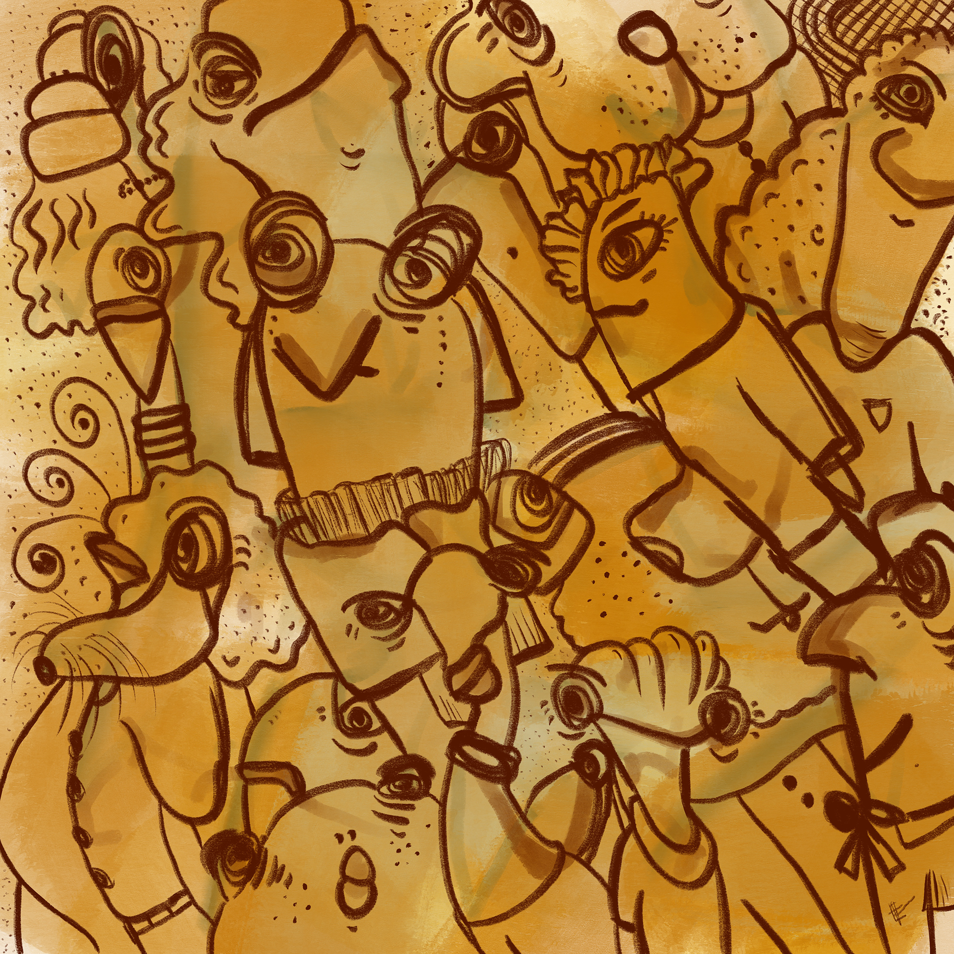 Abstract digital art print with vibrant yellows, mustard, brown and ochre organic patterns and faces expressing different emotions. Made by Studio Thicia Luiza